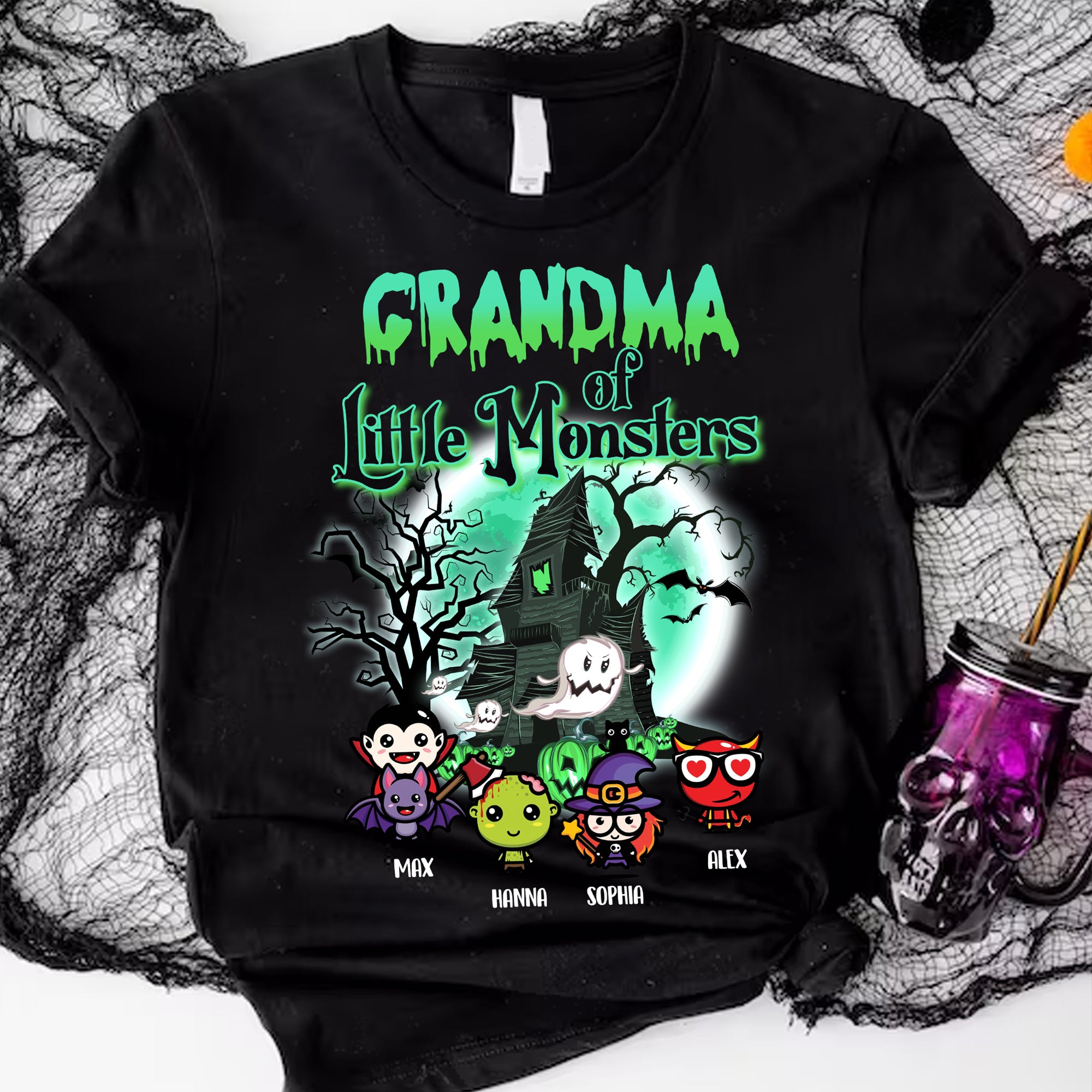 Grandma Of Little Monsters - Custom Characters And Name - Personalized T-Shirt - Halloween Family Gift