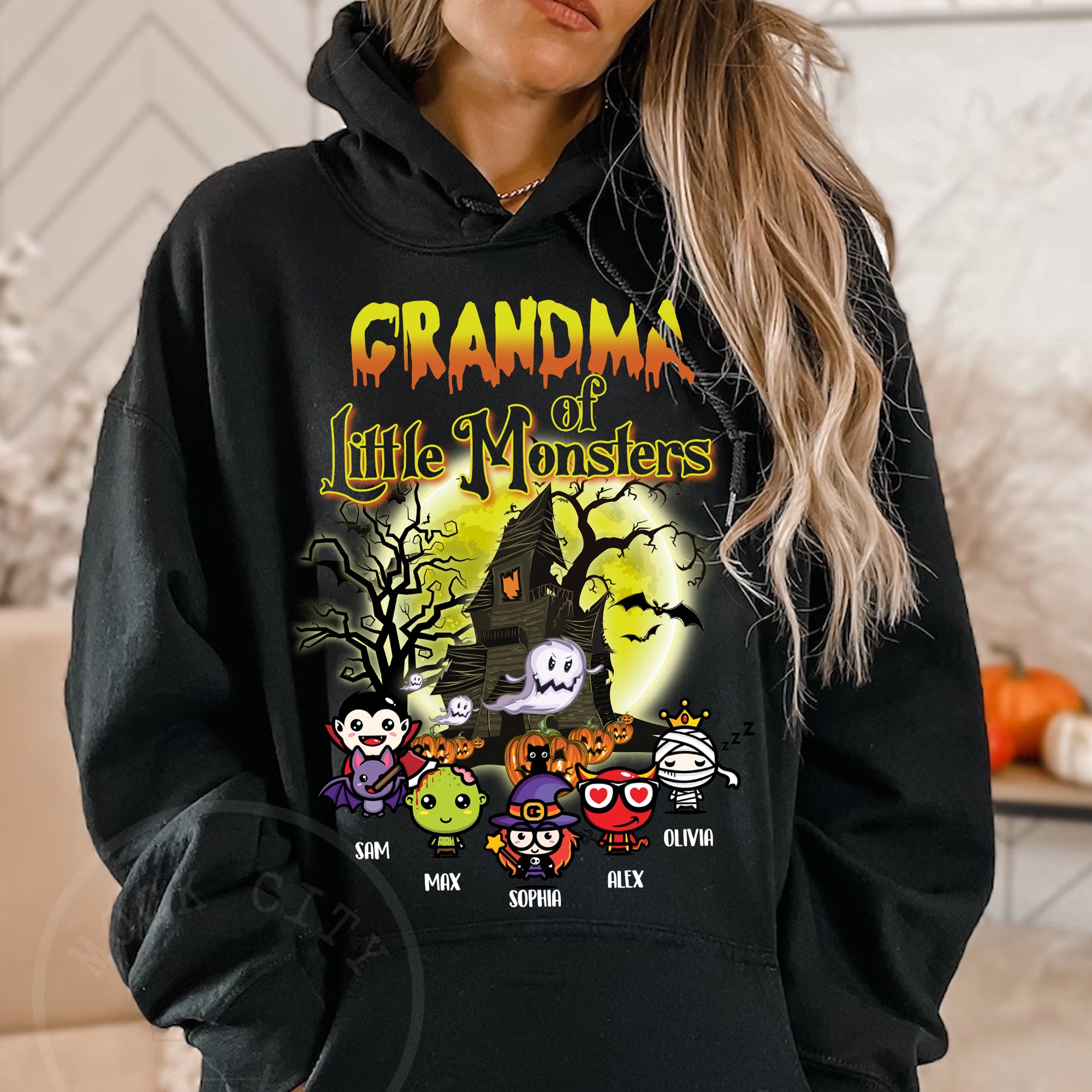 Grandma Of Little Monsters - Custom Characters And Name - Personalized Hoodie - Halloween Family Gift