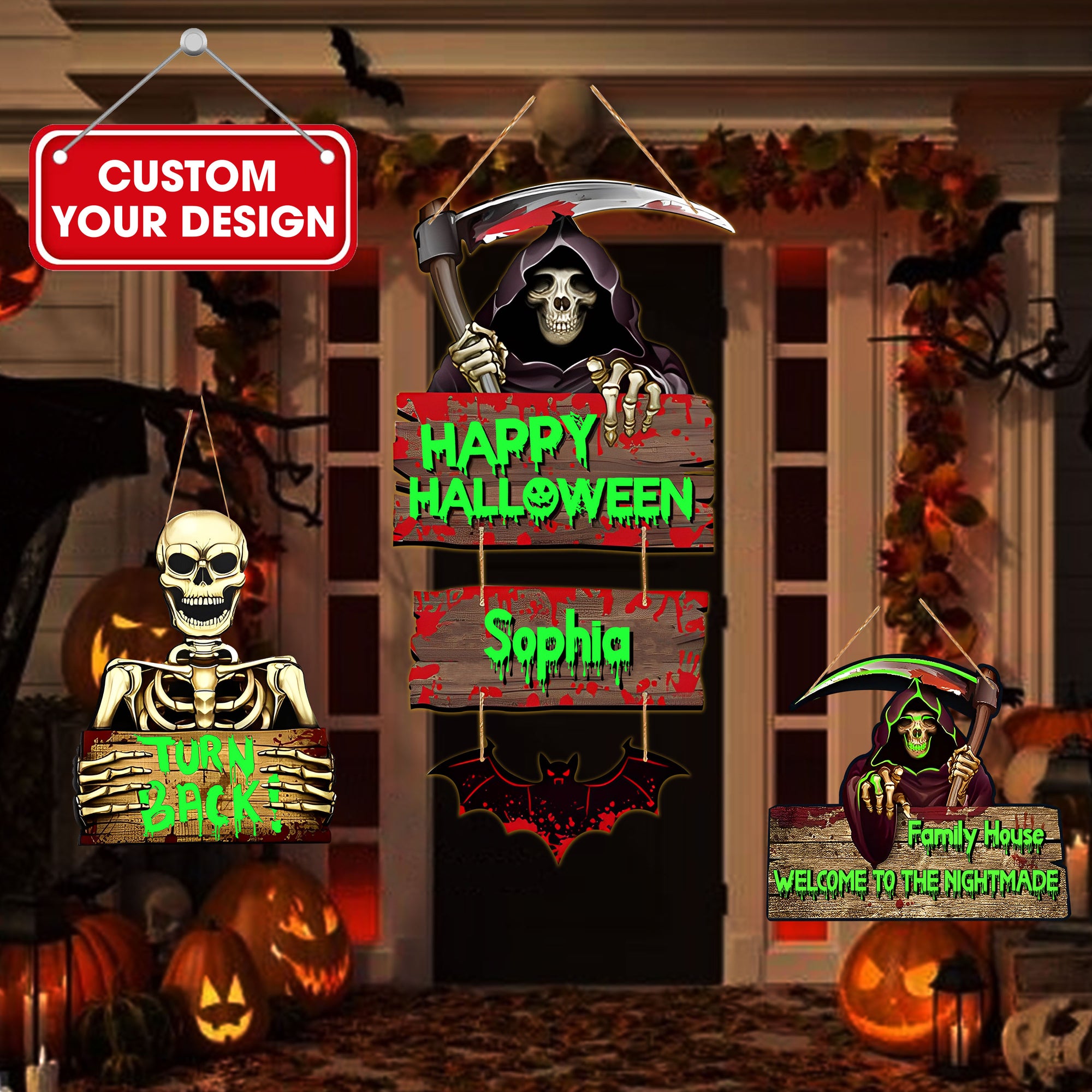 Glow-in-the-Dark 'Beware' Halloween Hanging Signs - 3-Piece Set for Outdoor Decor -Personalized Halloween Light Yard & Lawn Sign
