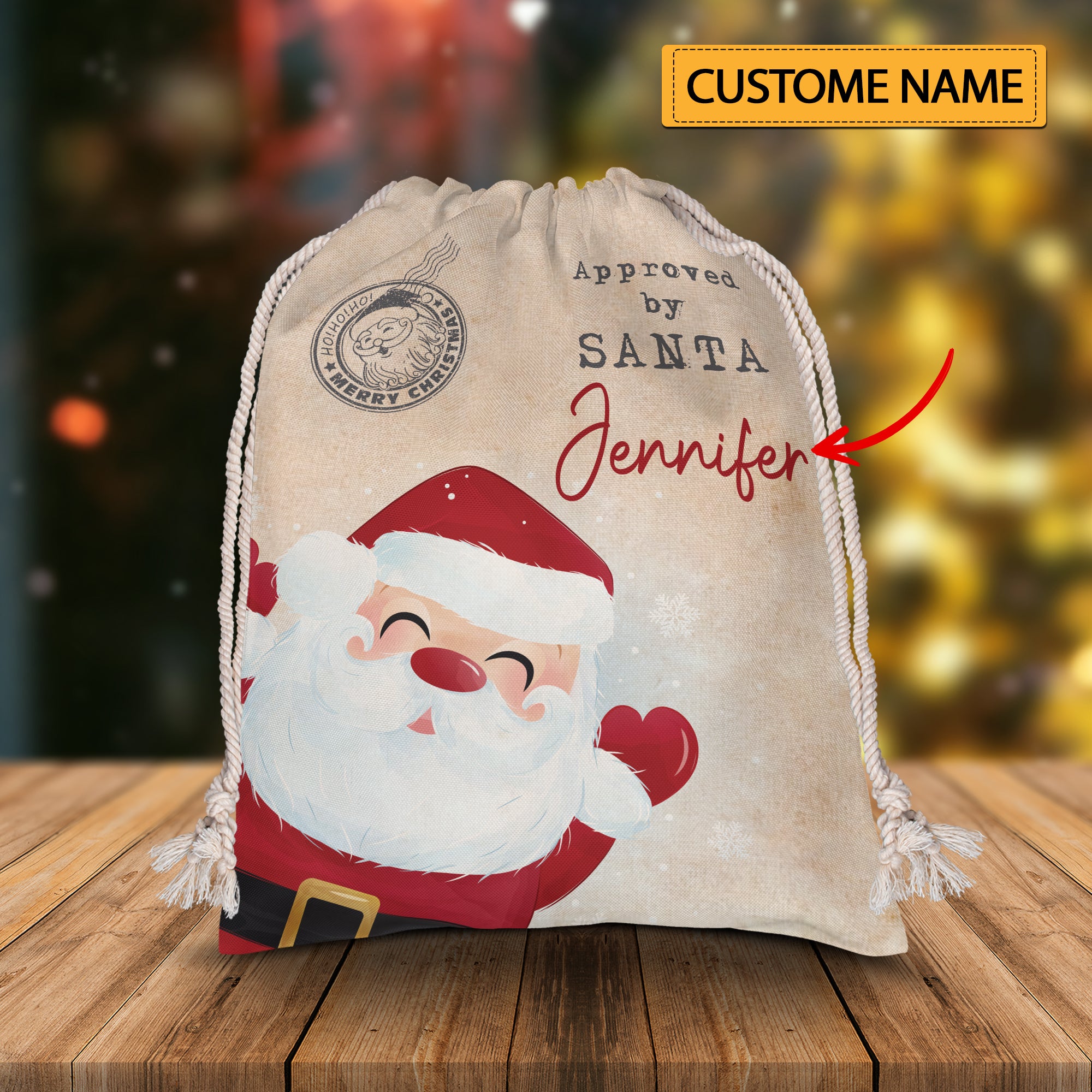 Approved By Santa- Custom Photo And Name, Personalized String Bag, Christmas Gift