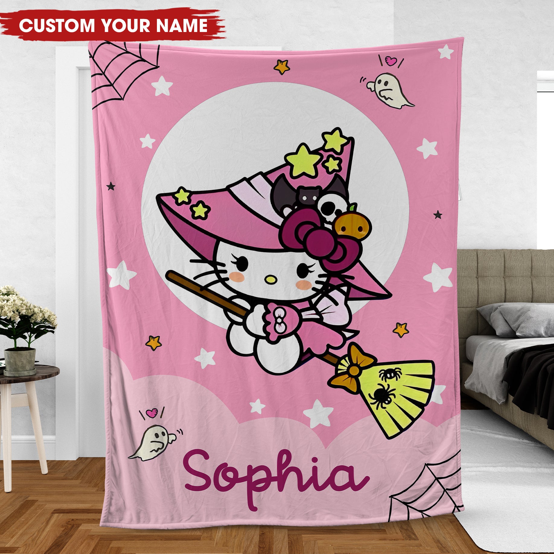 Halloween Hello Kitty  - Custom Name And Background Color - Personalized Fleece Blanket