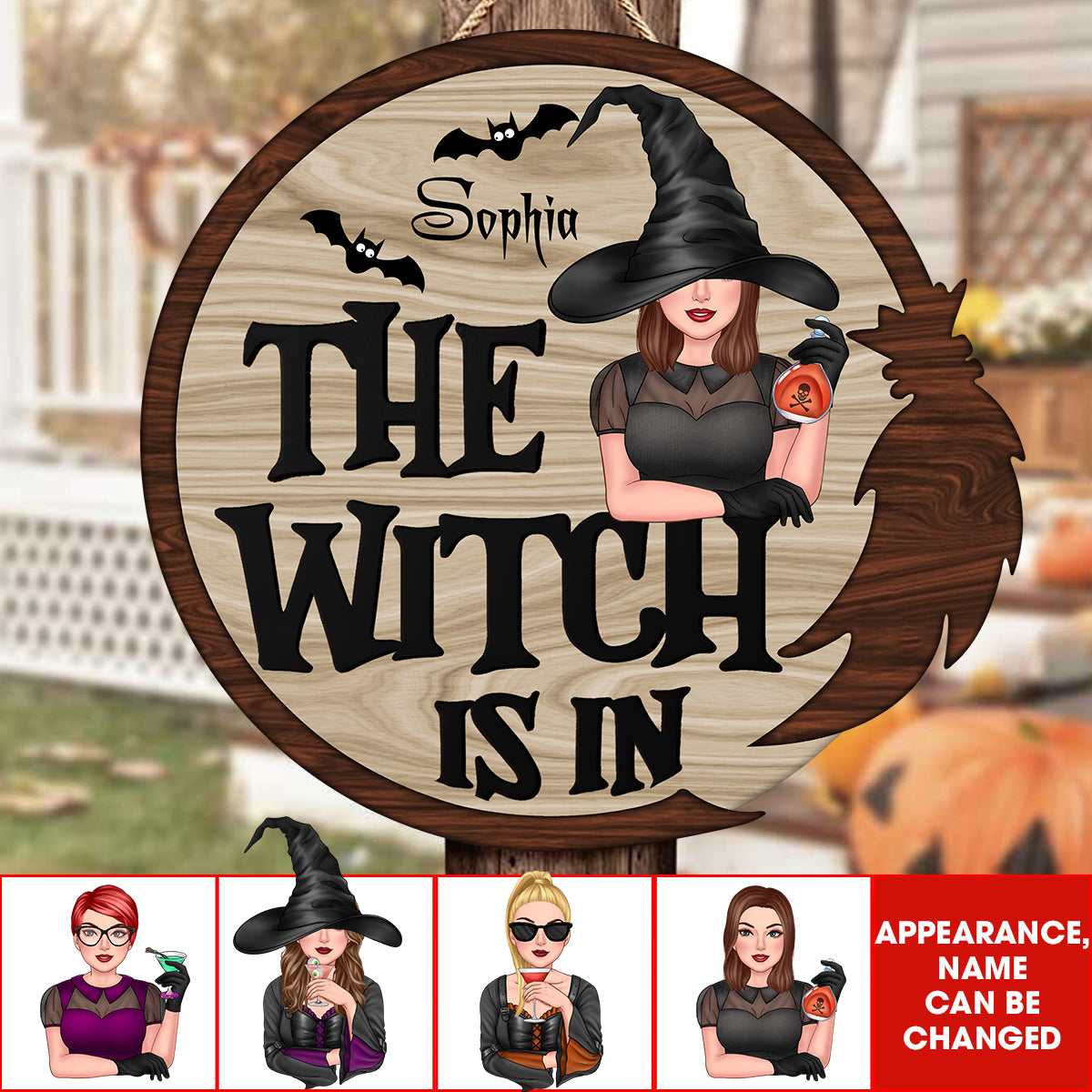 The Witch Is In - Custom Appearance And Name - Personalized Wooden Door Sign - Halloween Gift