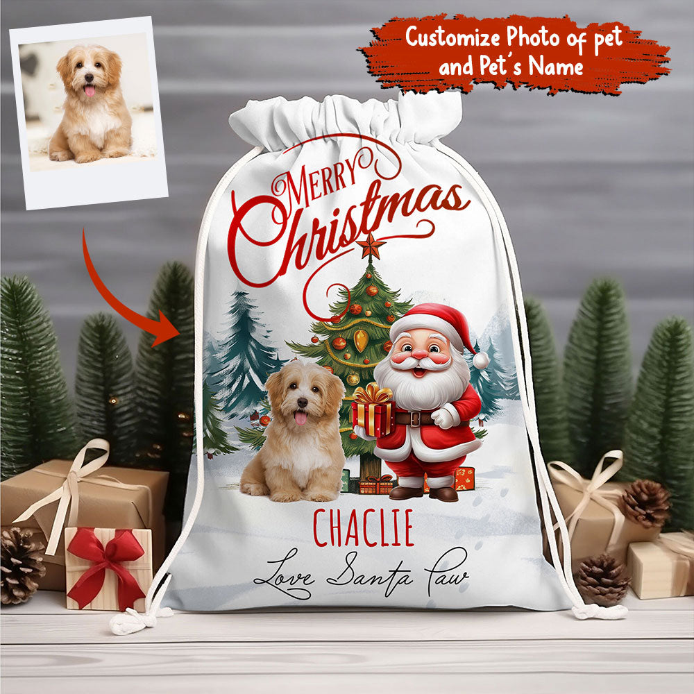 Merry Christmas Pet With Santa Claus - Personalized String Bag, Gift For Family, Christmas Gift