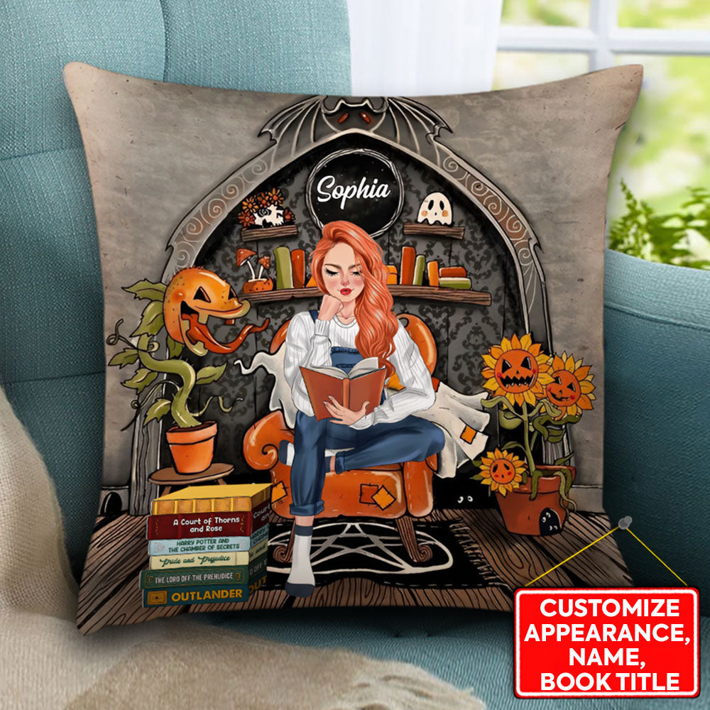 Reading Book Woman - Custom Appearance, Woman Name and Books Title - Personalized Pillow, Halloween Decor Gift