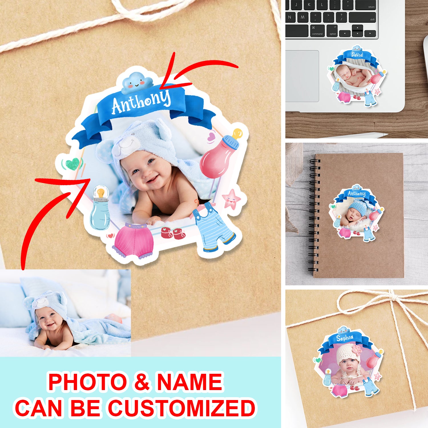 Personalized Baby Sticker, Custom Photo And Text Name, Birthday Gift