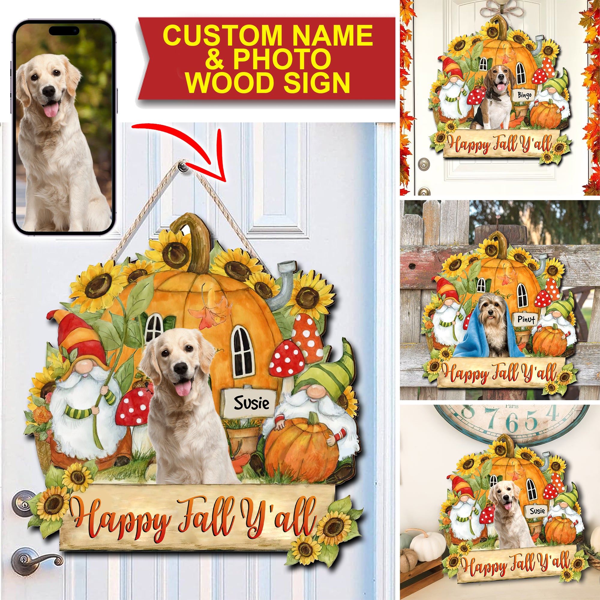 Happy Fall Y'all - Personalized Photo Wooden Door Sign - Halloween For Pets - Halloween Gift