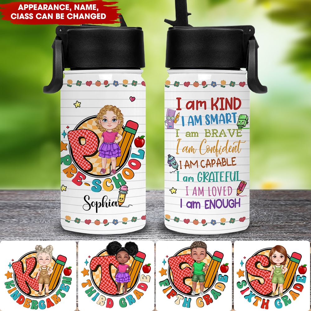 Custom 'I Am' Water Bottle for Kids, Custom Appearance And Name - Personalized Kids Water Bottle With Straw Lid
