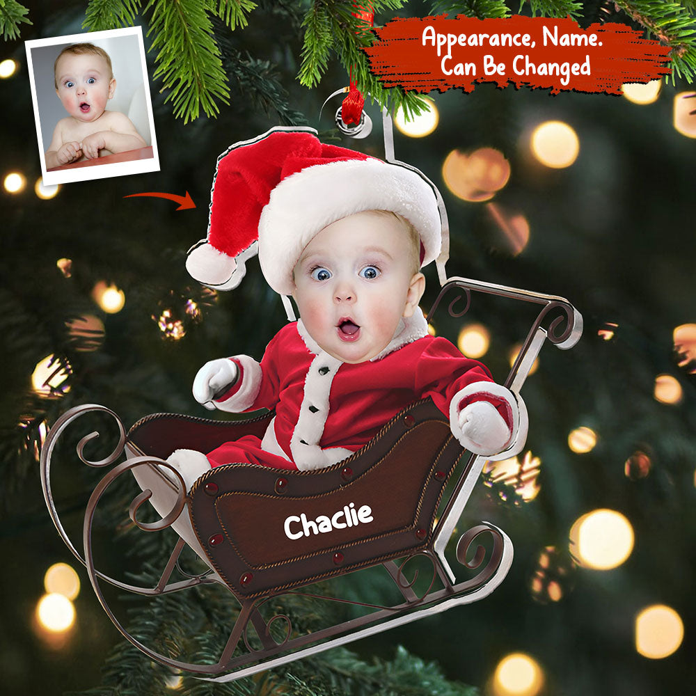 Baby In Christmas Sleigh - Custom Photo And Name, Personalized Acrylic Ornament - Gift For Christmas, Family Gift