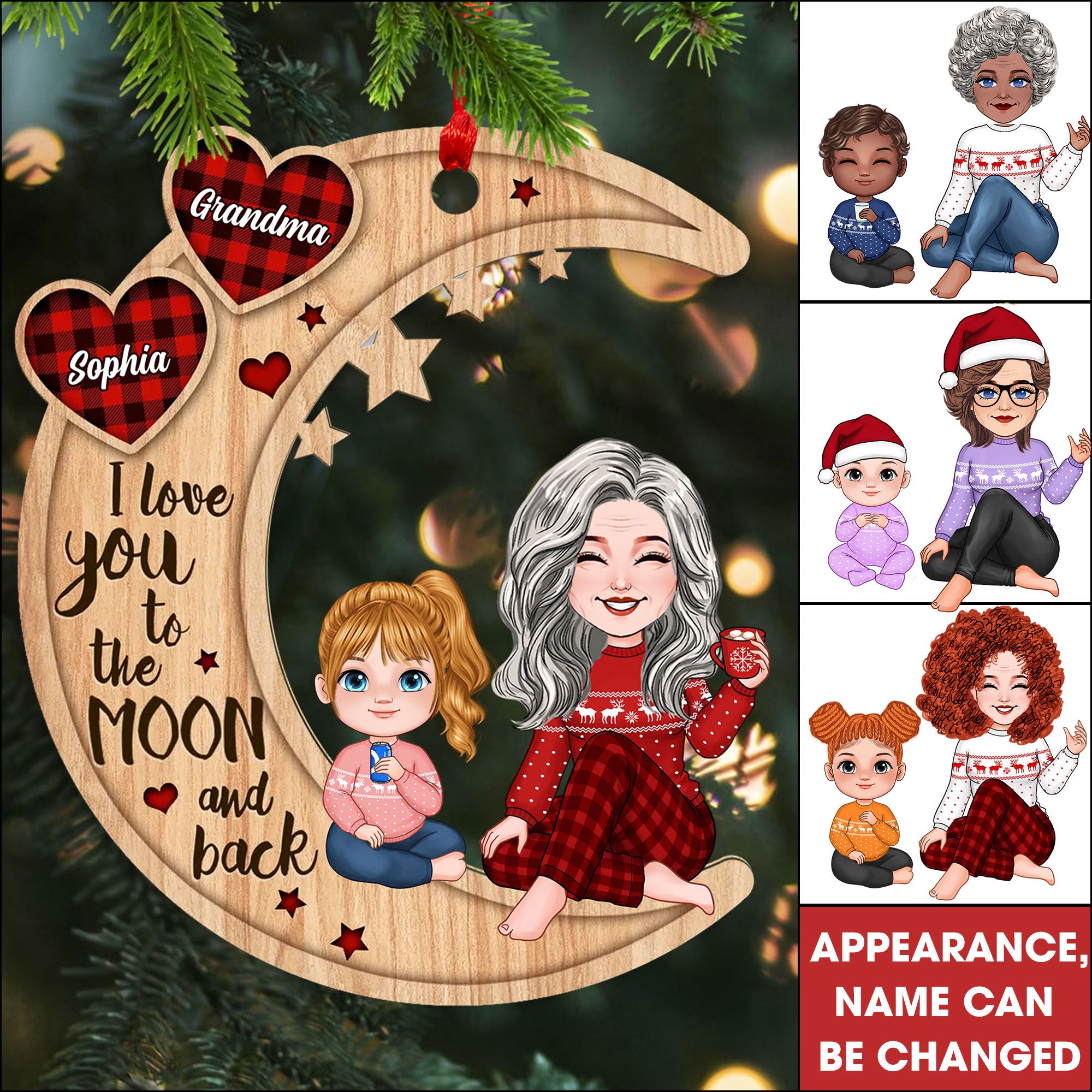Cute Grandma & Grandkid Checkered Pattern Heart Love To The Moon - Gift For Granddaughter Grandson Personalized 2-Layered Wooden Ornament