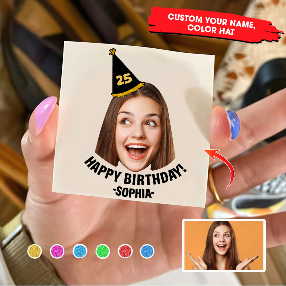 Happy Birthday Party Wearing Hat, Custom Photo And Name Temporary Tattoo, Personalized Party Tattoo, Fake Tattoo