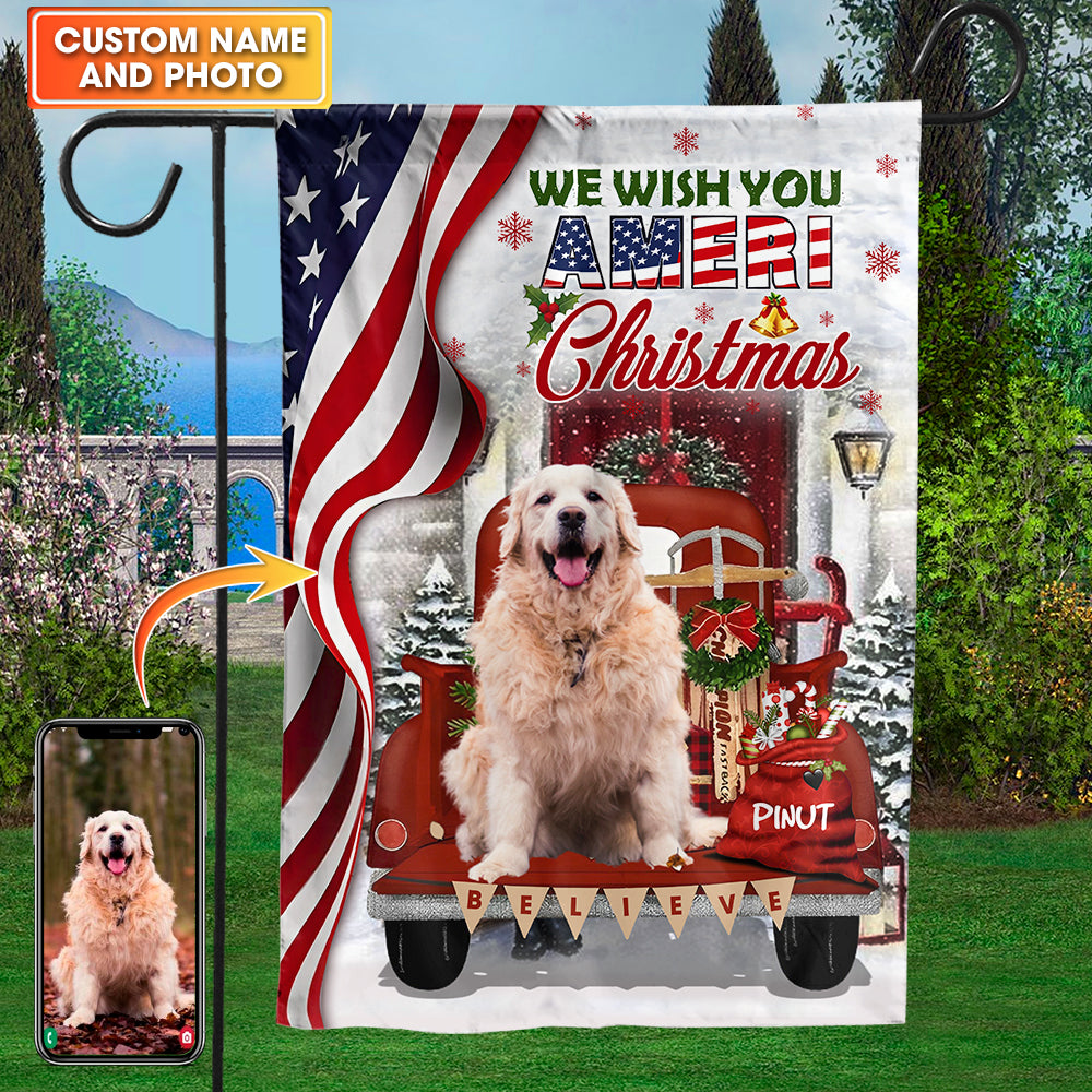 Santa Claus US Flag, We Wish You Ameri Christmas - Personalized Pet Photo And Name Flag - Gift For Pet Lovers, Christmas Gift