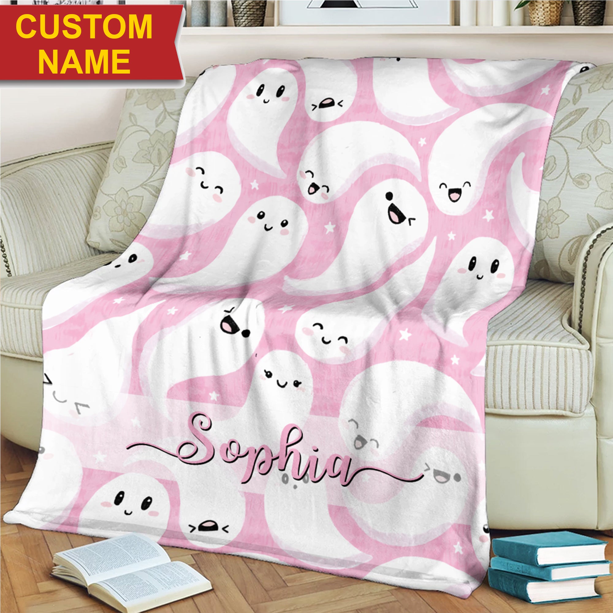Pink Ghost  - Custom Name - Personalized Fleece Blanket, Halloween Gift