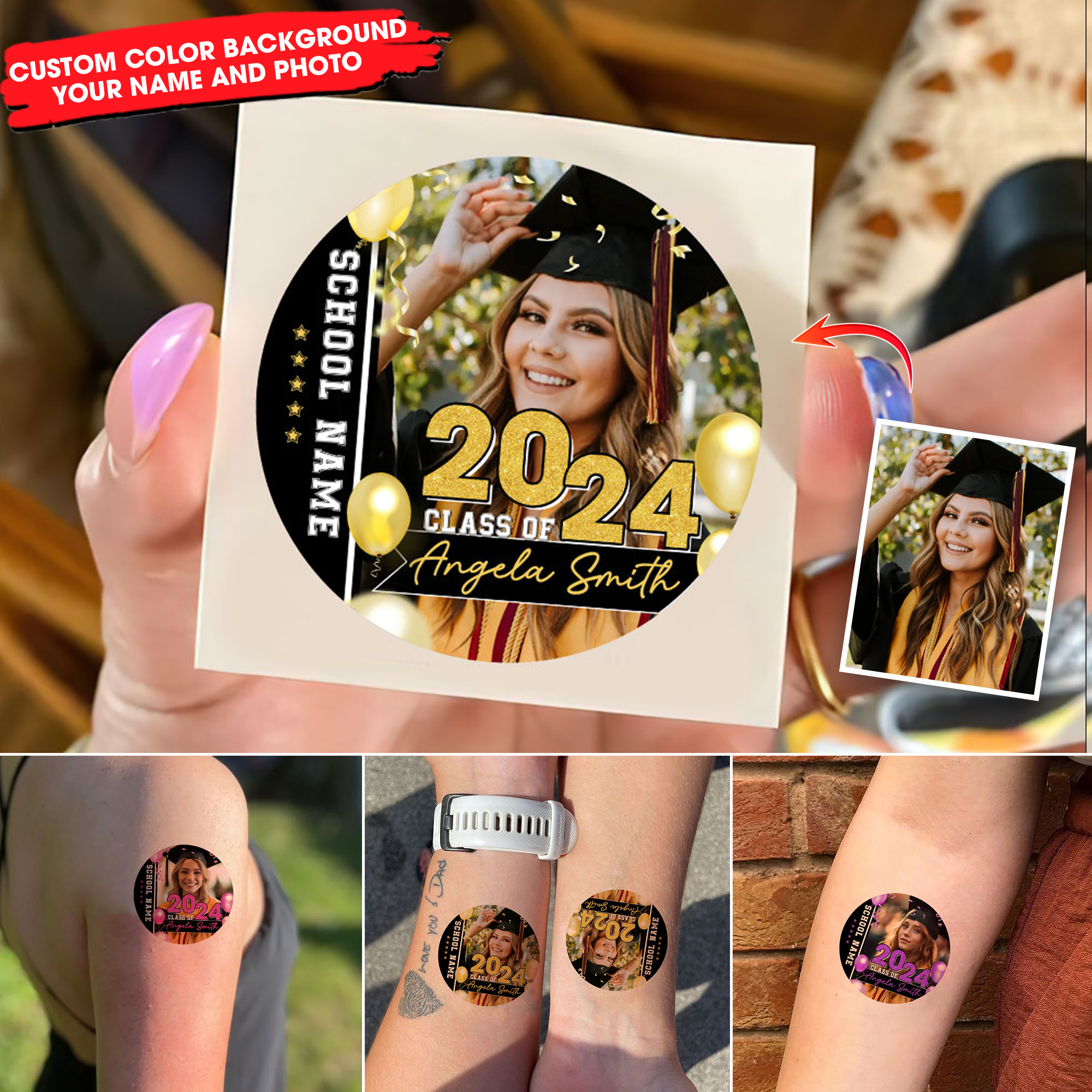 Class Of 2024, Custom Color,  Your Photo And Name Temporary Circle Tattoo, Personalized Photo And Name, Fake Tattoo, Graduation Gift