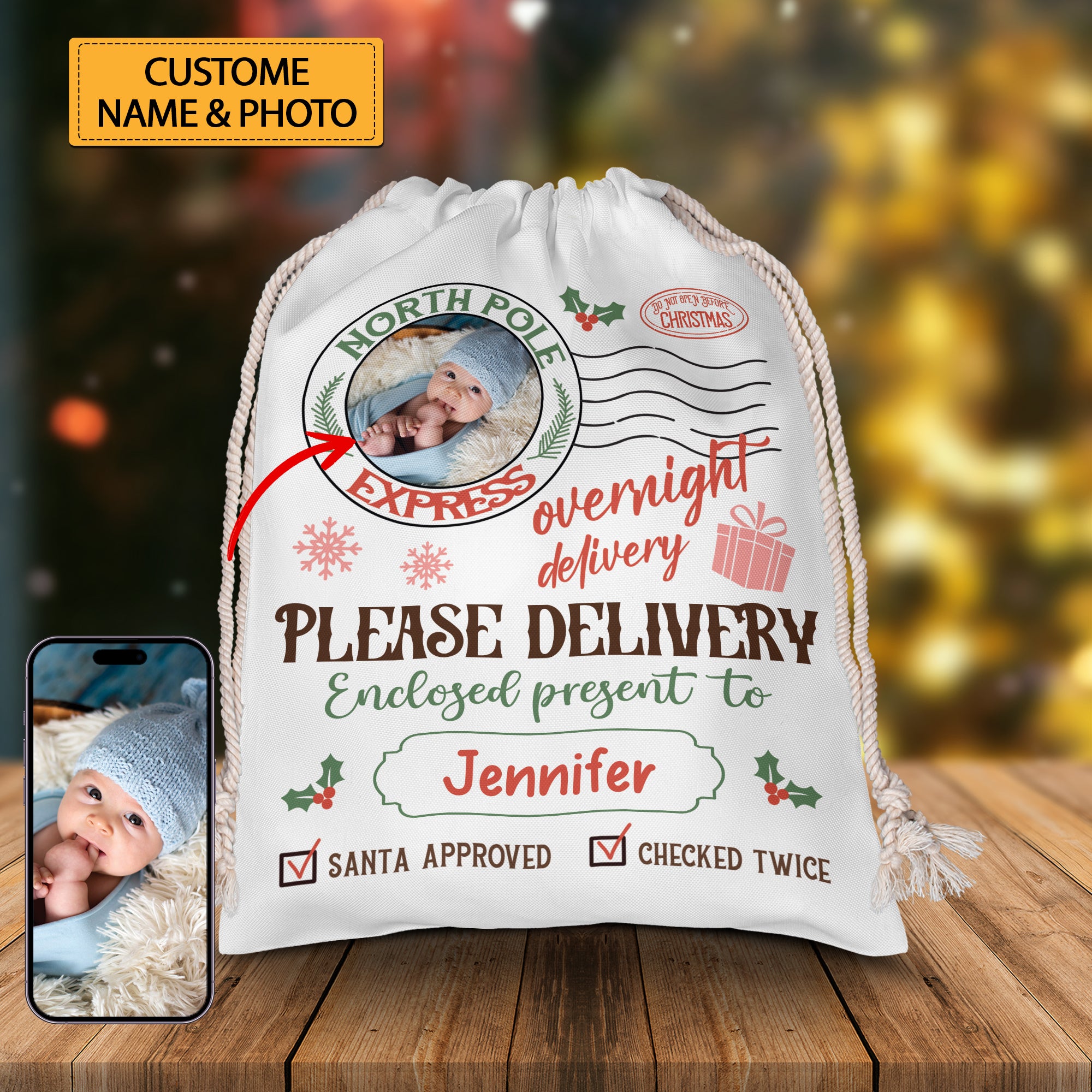 Overnight Deliver Special Gift - Custom Photo And Name, Personalized String Bag, Gift For Family, Christmas Gift