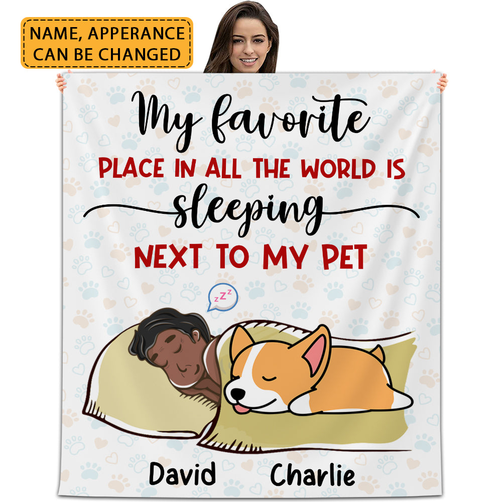 My Favorite Place In All The World Is Sleeping Next To My Pet - Custom Appearances, Dog And Names - Personalized Fleece Blanket - Gift For Dog Lover