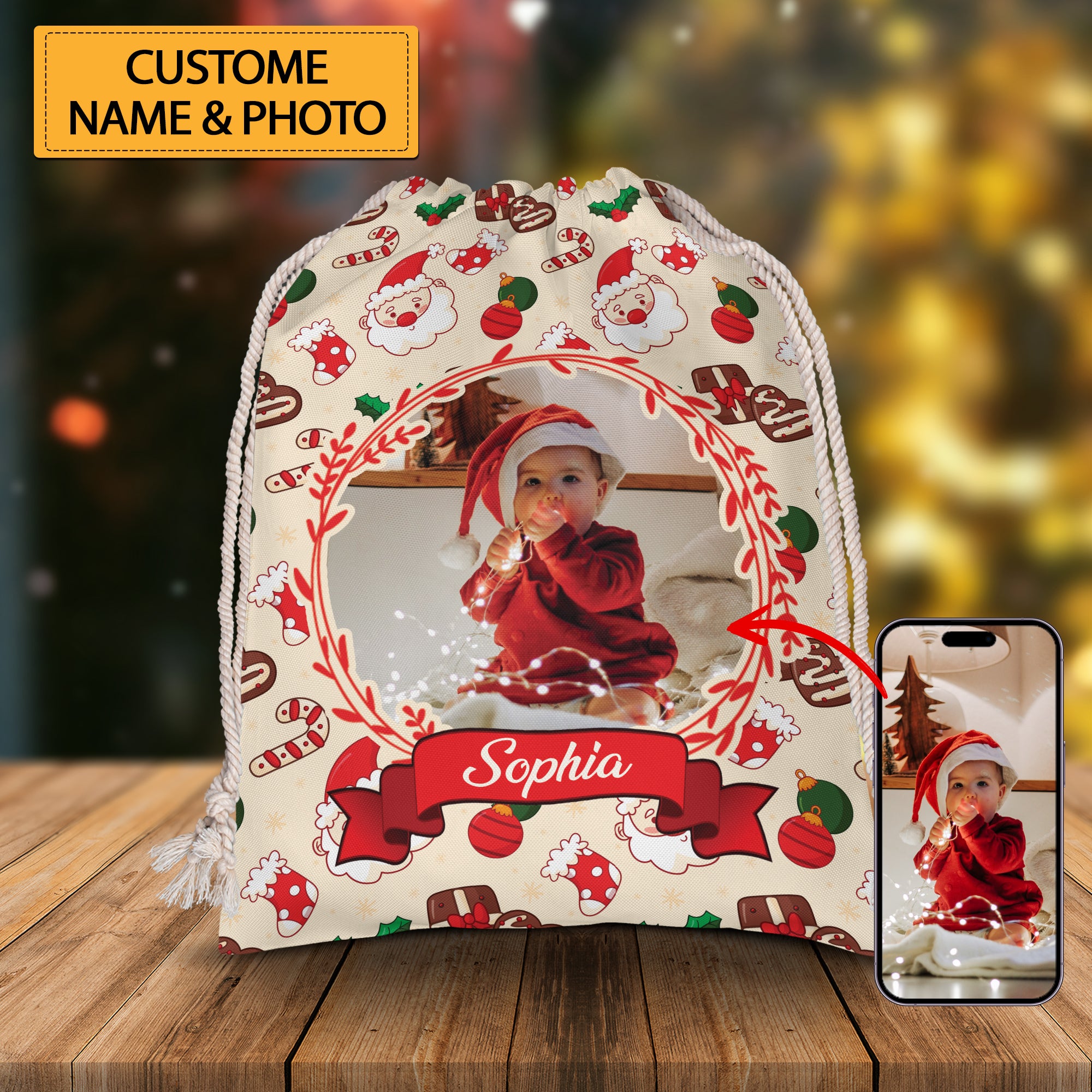 Santa Claus - Custom Photo And Name, Personalized String Bag, Christmas Gift, Gift For Family