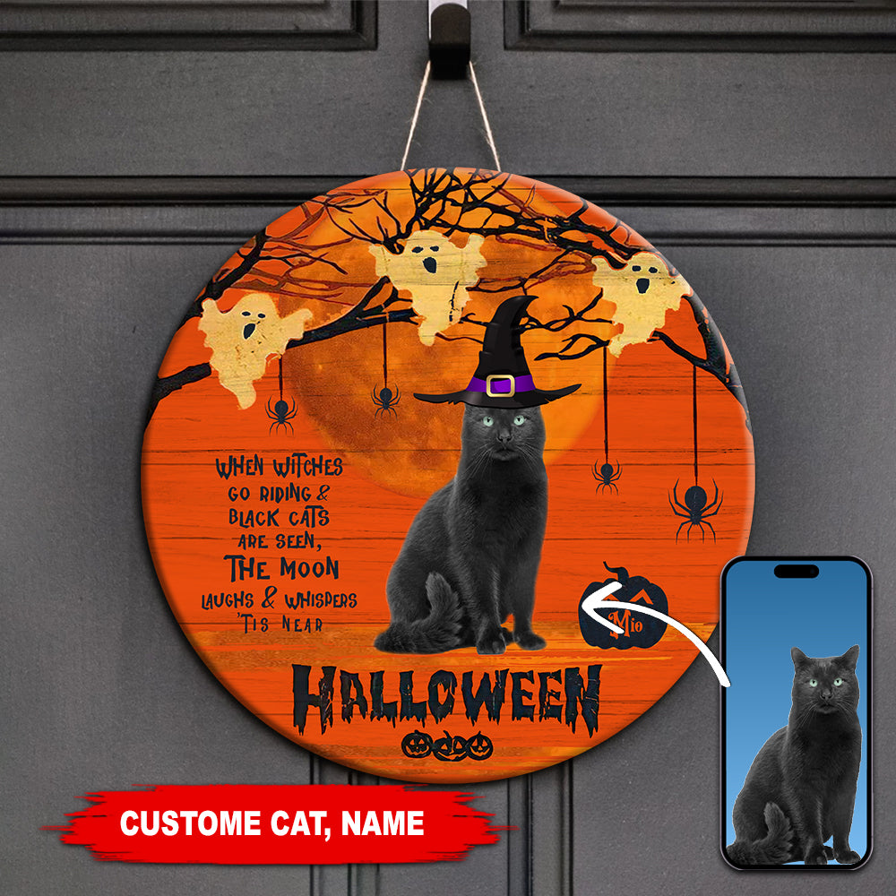 Personalized 'Witches & Black Cats' Halloween Wooden Door Sign, Custom Photo And Name - Halloween Gift