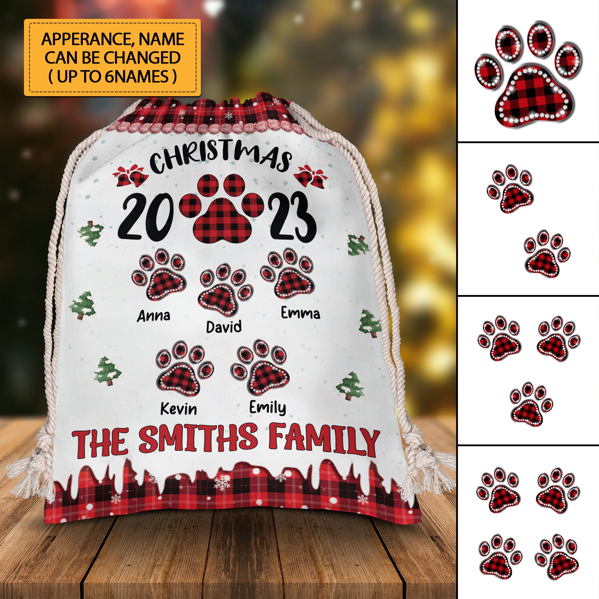 Christmas Paws Family - Custom Name, Personalized String Bag, Gift For Pet Lover, Christmas Gift