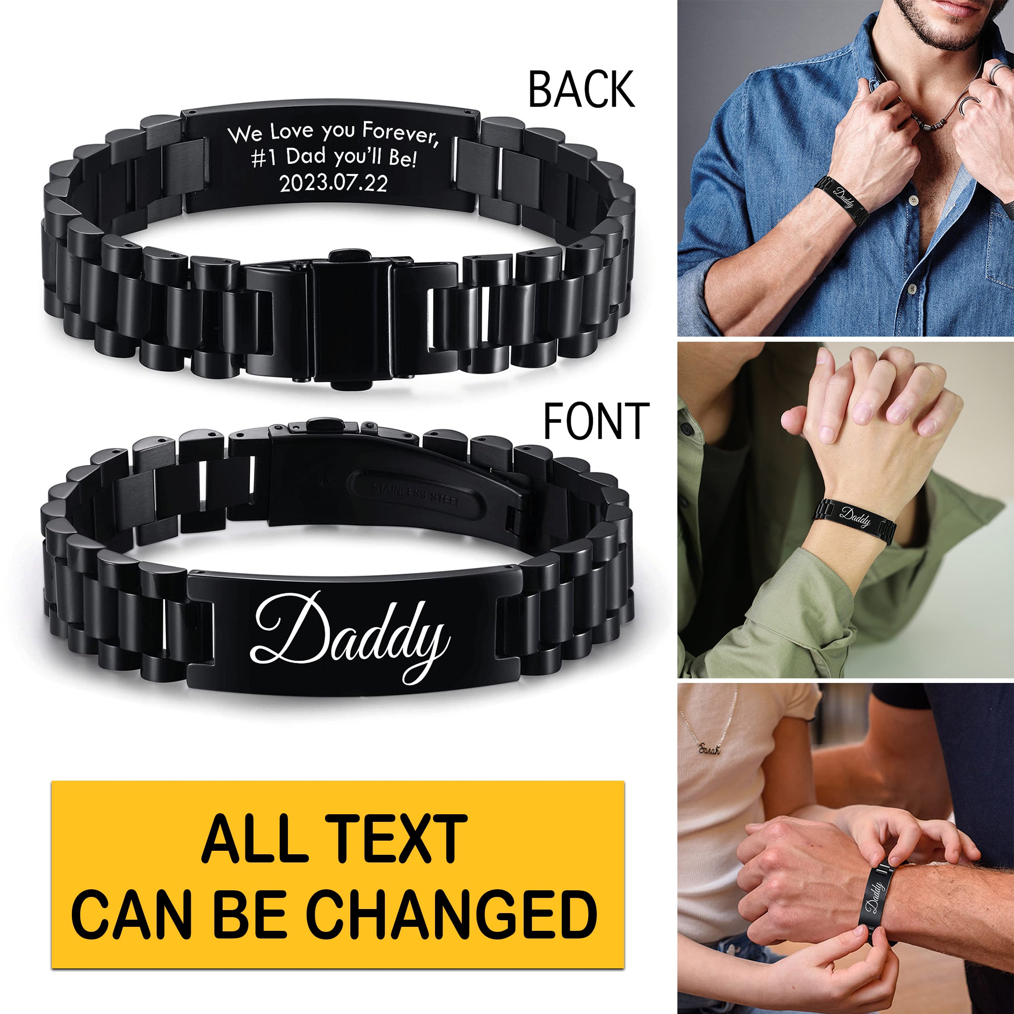 Masculine Watch Band Stainless Steel Link Bracelet Personalized Engraved DAD Jewelry Gift for Men DAD Father - Personalized Bracelet
