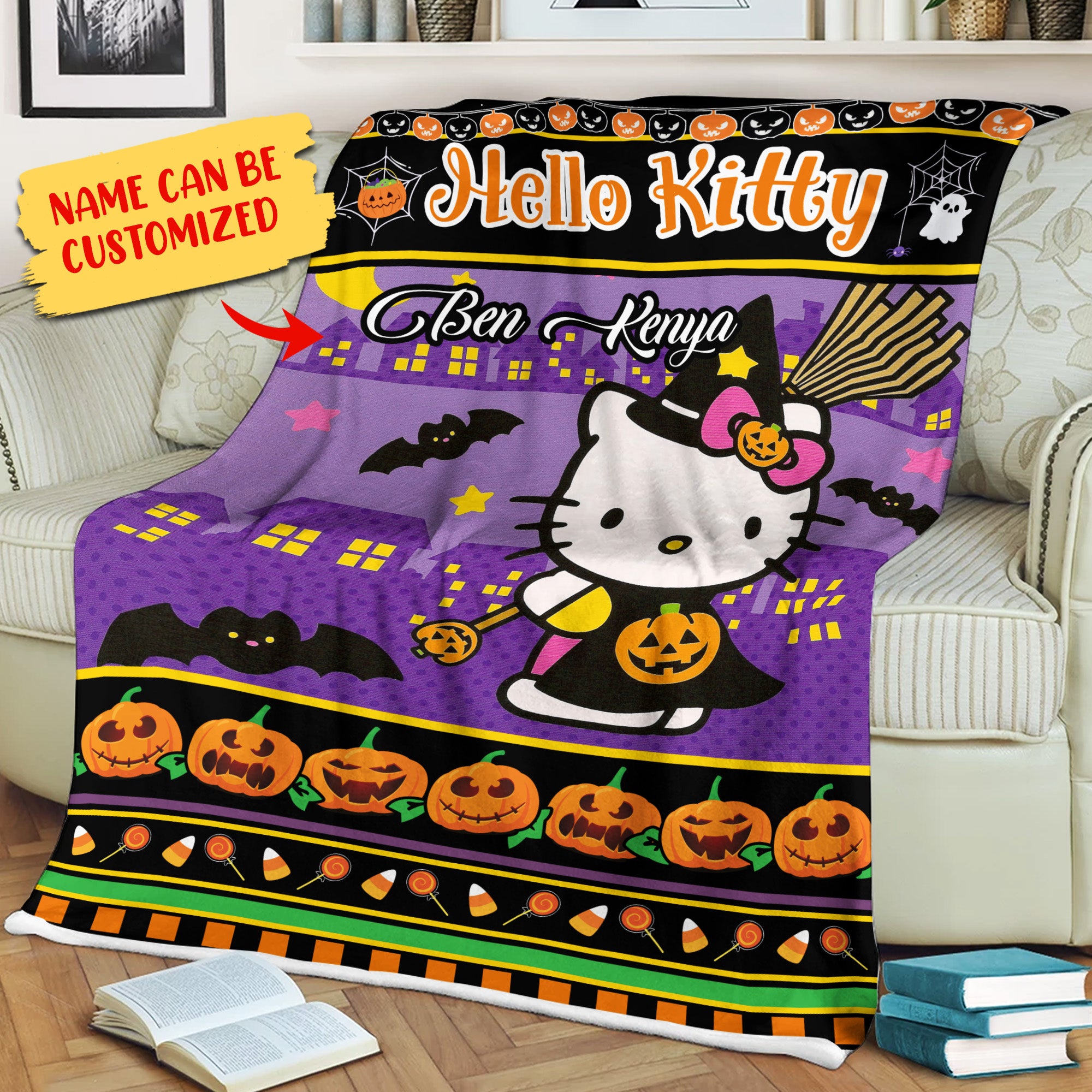 Hello Kitty Halloween  - Custom Name - Personalized Fleece Blanket