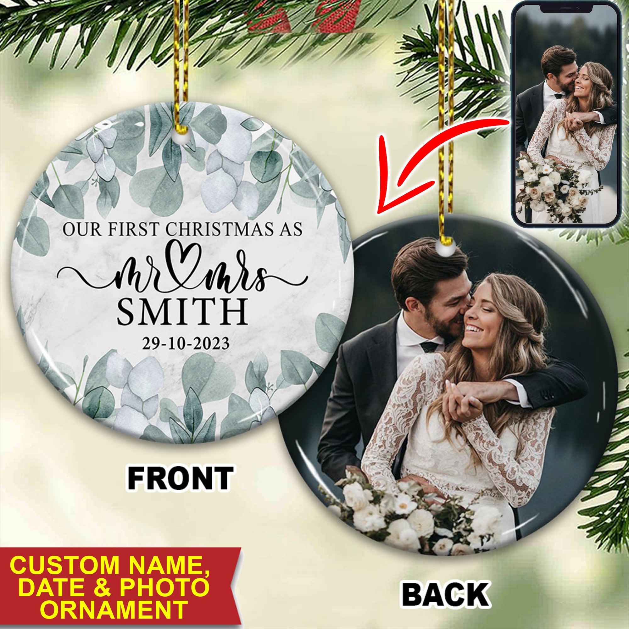 Our First Christmas As Mr & Mrs - Personalized 2 Sides Ceramic Ornament - Gift For Couple, Custom Photo Gift For Christmas