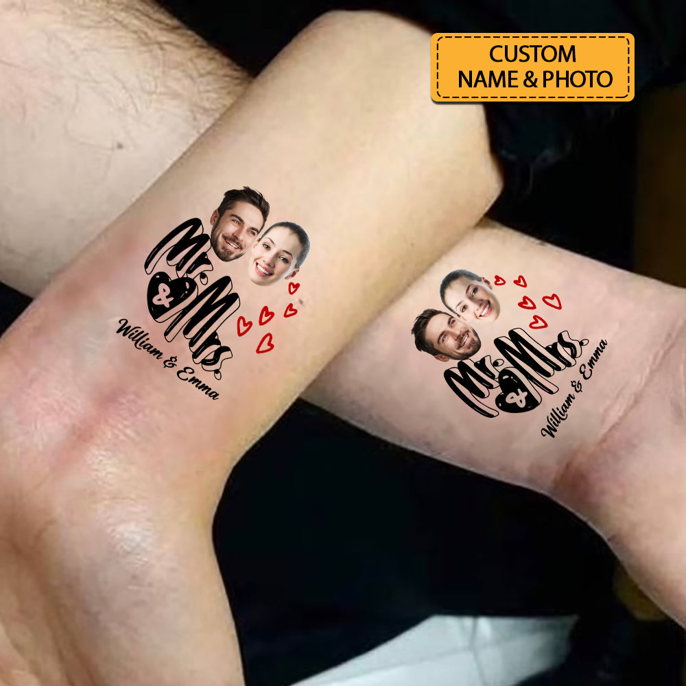 Mr & Mrs Tattoo, Custom Face Photo And Texts Temporary Tattoo, Personalized Party Tattoo, Fake Tattoo