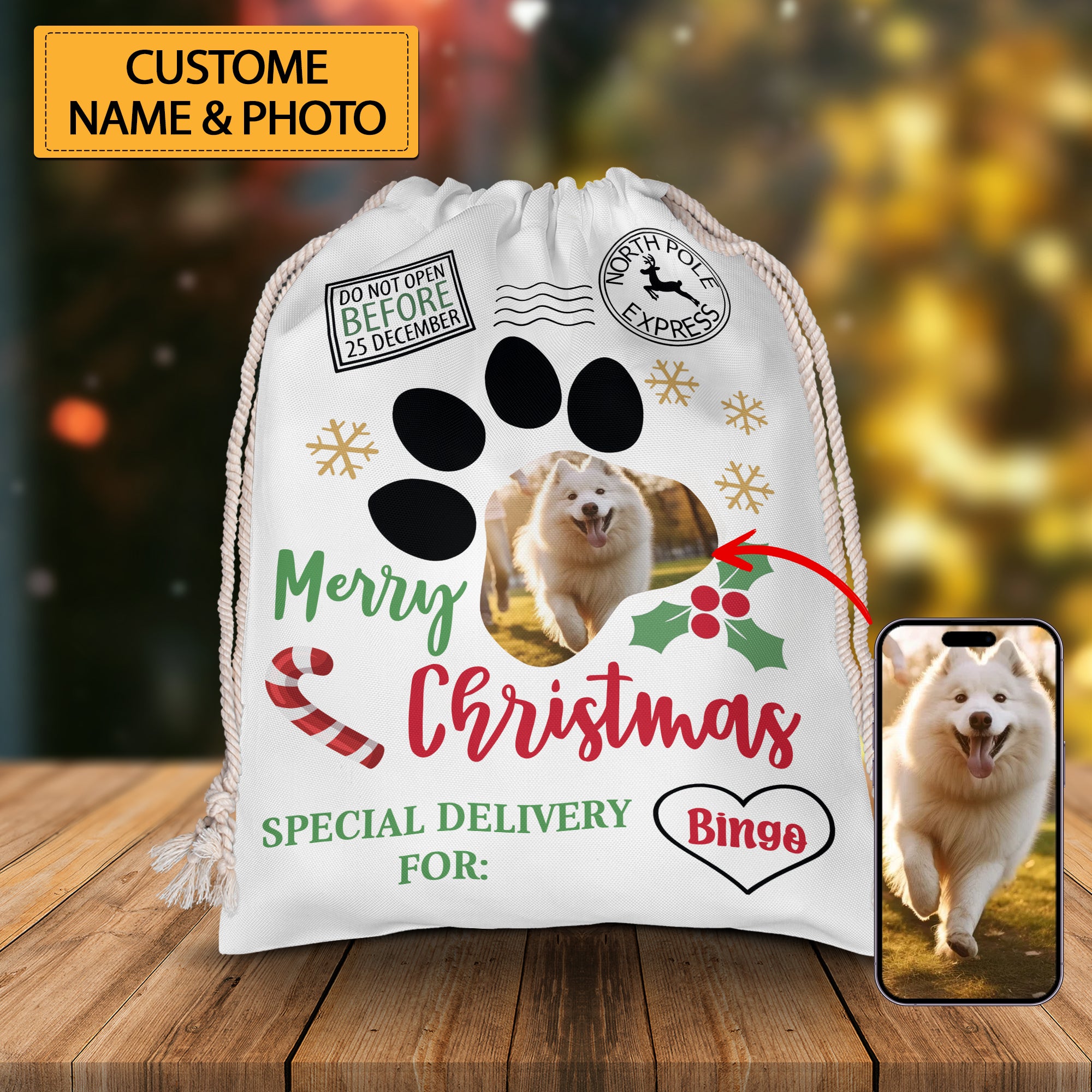 Merry Christmas Special Delivery For Pet Lovers - Custom Photo, Personalized String Bag, Gift For Pet Lover, Christmas Gift