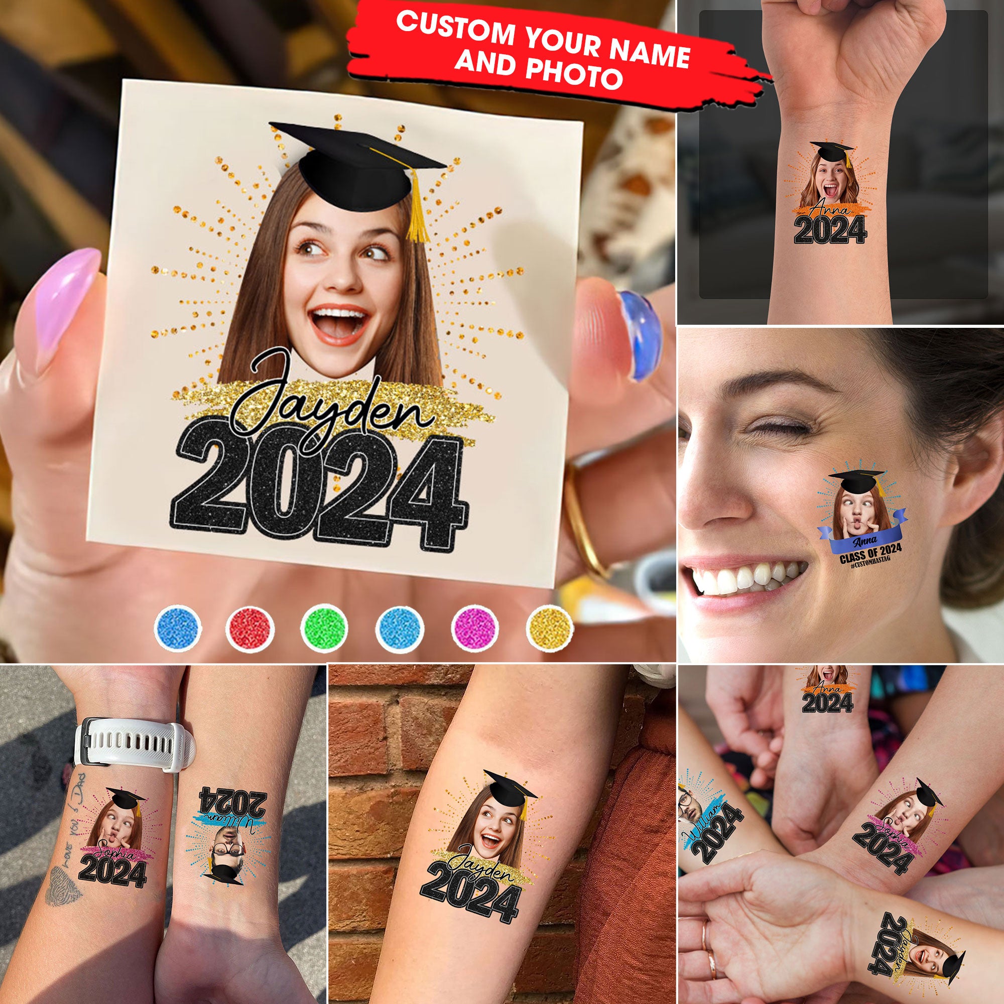 Congrats 2024, Custom Color,  Your Photo And Name Temporary Tattoo, Personalized Photo And Name, Fake Tattoo, Graduation Gift