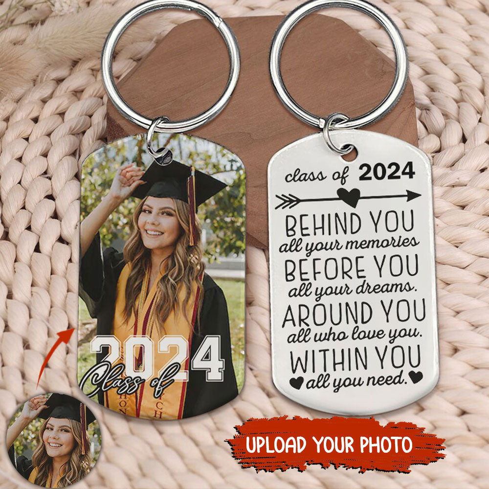Class Of 2024 Behind You, Personalized Photo And Text Metal Keychain, Graduation Gift