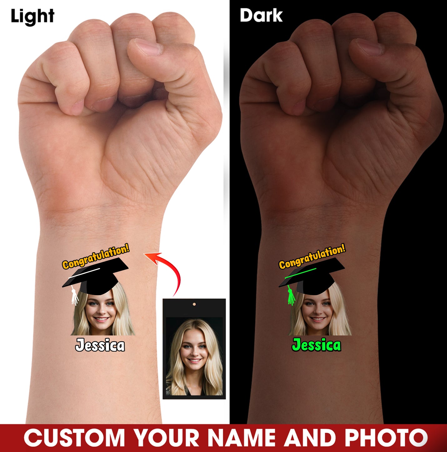 Congratulations Grad Party, Custom Temporary Tattoo With Personalized Photo And Texts, Fake Tattoo