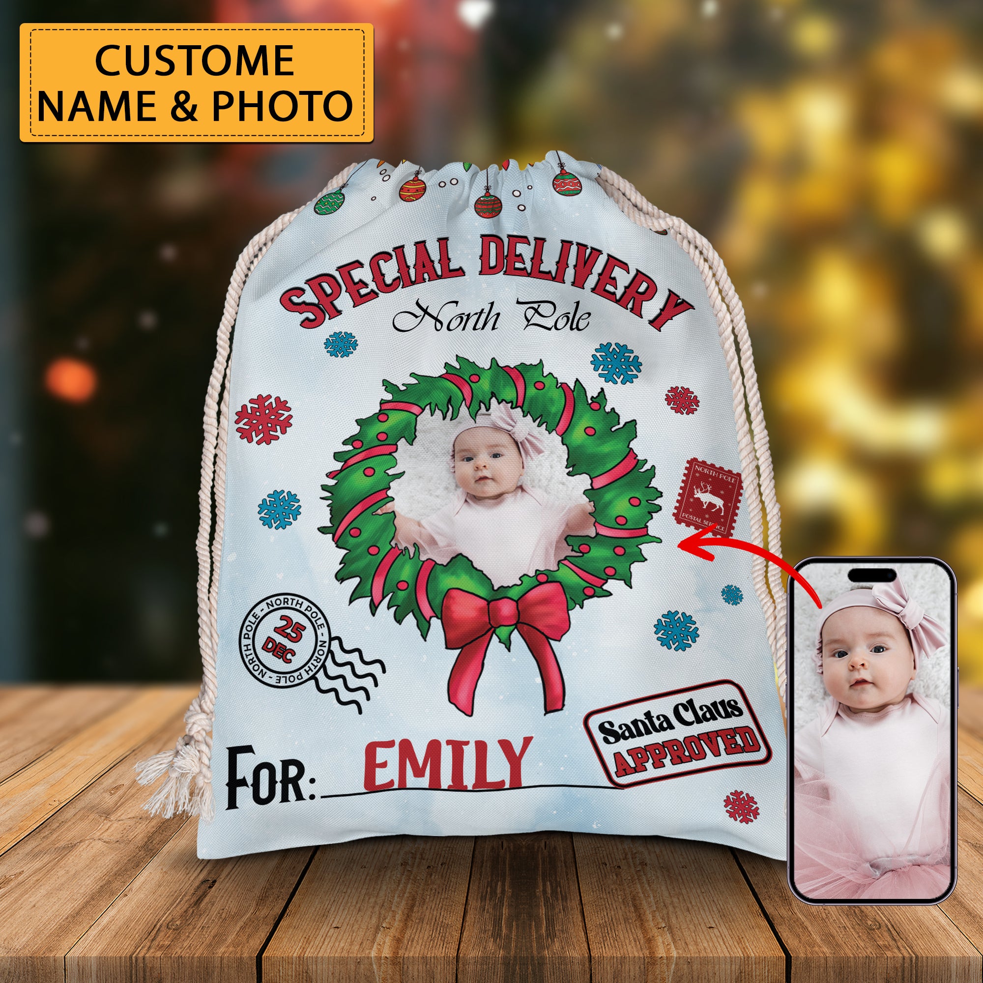 Merry Christmas Special Delivery North Pole For Kid - Custom Photo And Name, Personalized String Bag, Gift For Family, Christmas Gift
