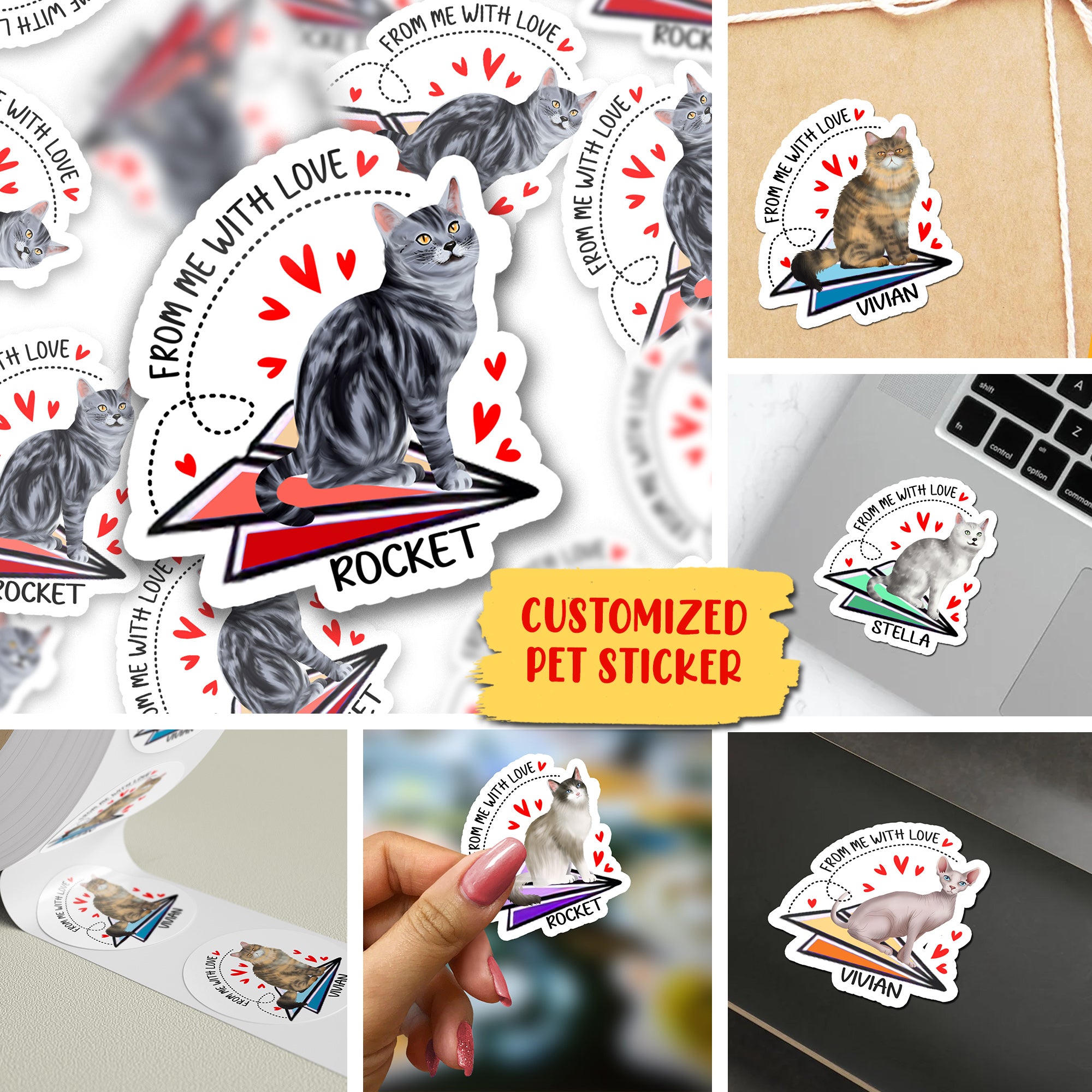 Personalized Cute Cat Sticker, Custom Cat And Text Name, Gift For Pet Lover