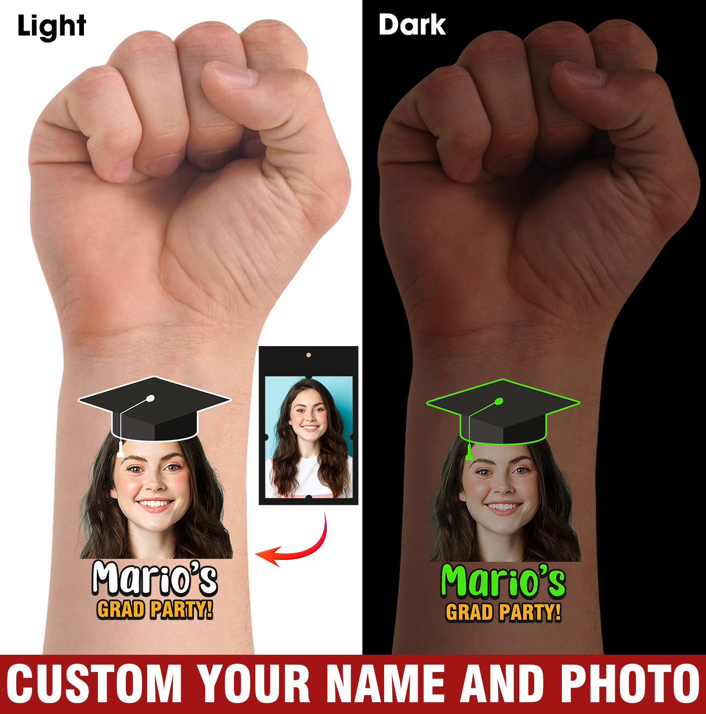 Grad Party, Custom Temporary Tattoo With Personalized Photo And Texts, Fake Tattoo
