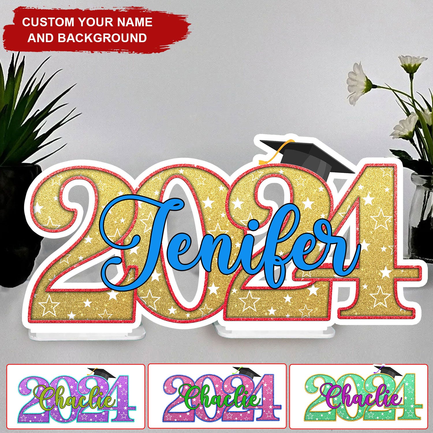 Glitter Color Class Of 2024 Party Supply, Personalized Name Graduation Party Table Sign, Party Decorations