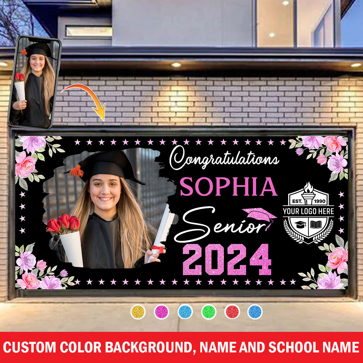Congratulations Senior 2024 - Personalized Photo, Your Name And School Name Single Garage, Garage Door Banner Covers - Garage Door Banner Decorations