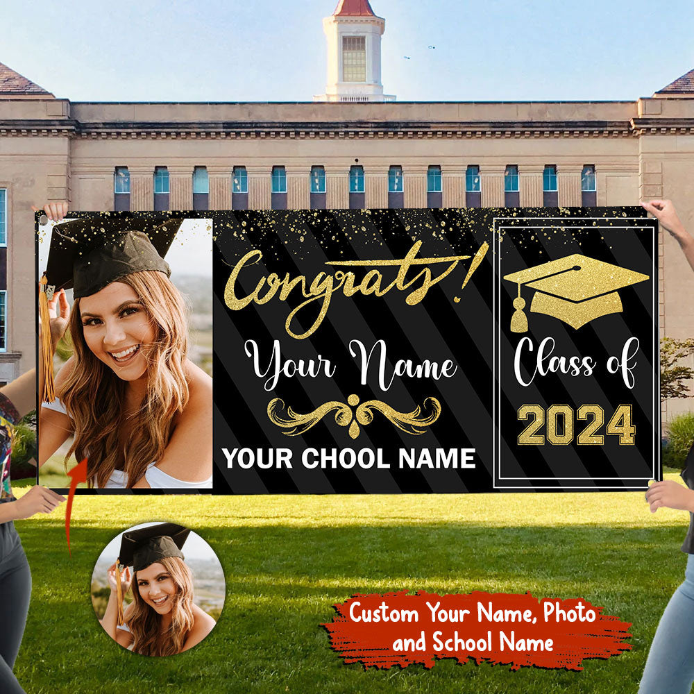 Congrats Class Of 2024- Personalized Photo And Texts Graduated Banner - Decoration Gifts