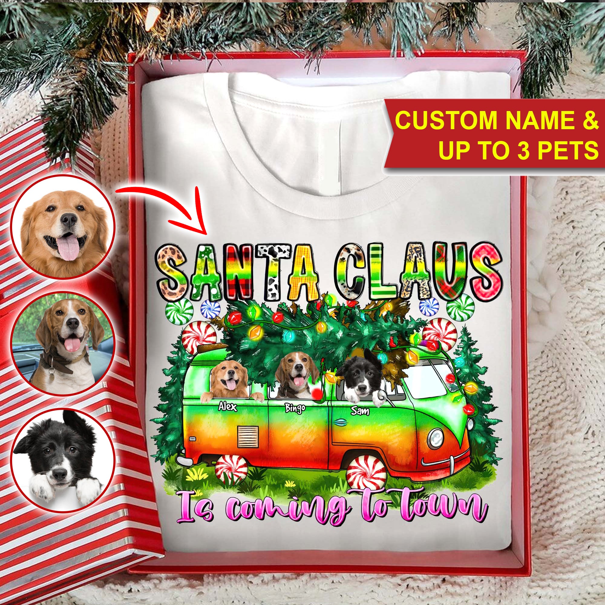 Santa Claus Pet On Car - Custom Photo And Name - Personalized Sweatshirt, Gift For Pet Lover