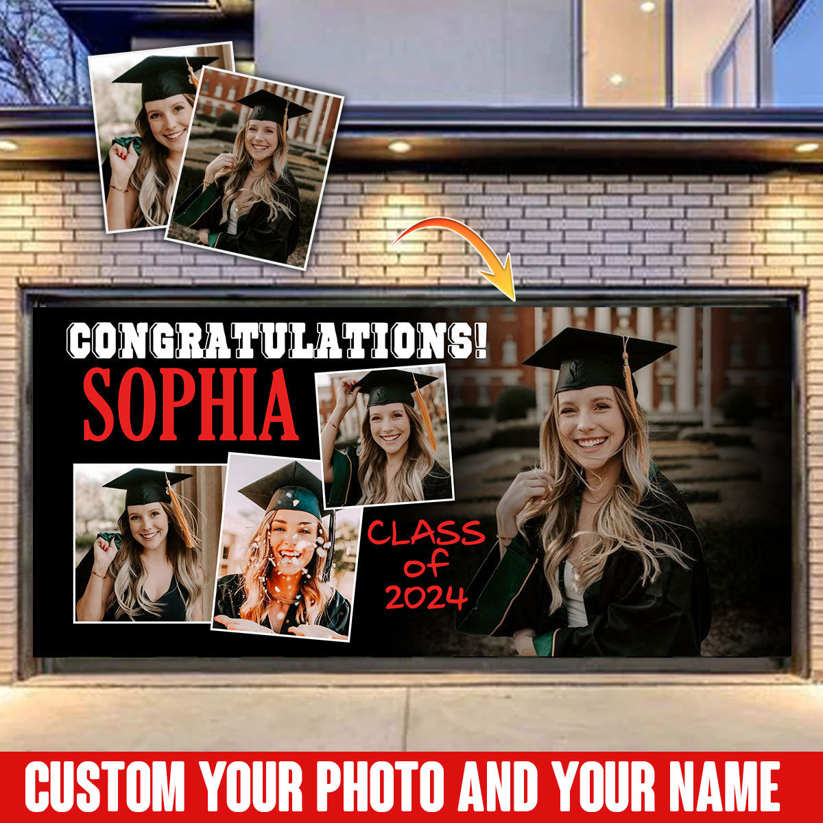 Congratulations Class Of 2024 - Personalized 4 Photos, Your Name And School Name Single Garage, Garage Door Banner Covers - Banner Decorations