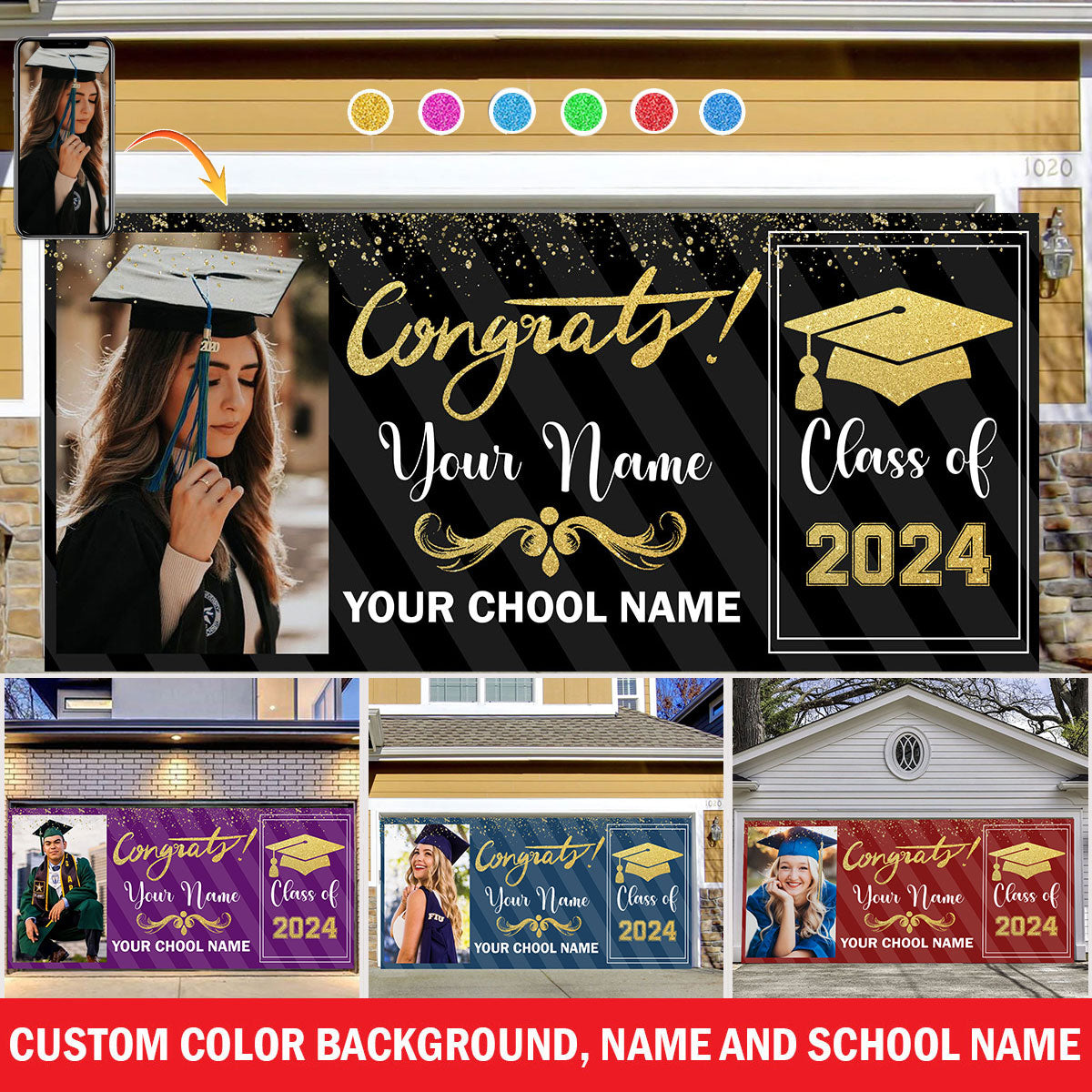 Congrats Class Of 2024 - Personalized Photo, Your Name And School Name Single Garage, Garage Door Banner Covers - Garage Door Banner Decorations