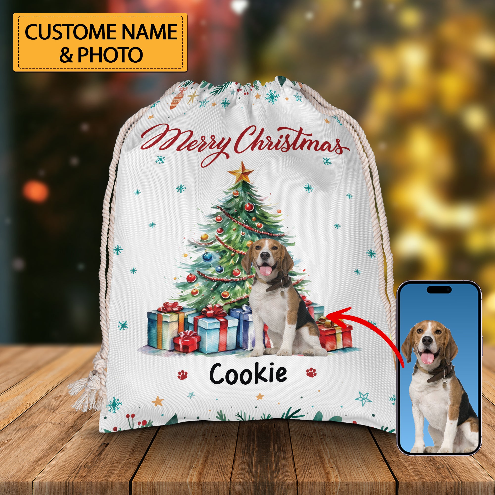 Christmas Tree And Pet - Custom Photo And Name, Personalized String Bag, Christmas Gift