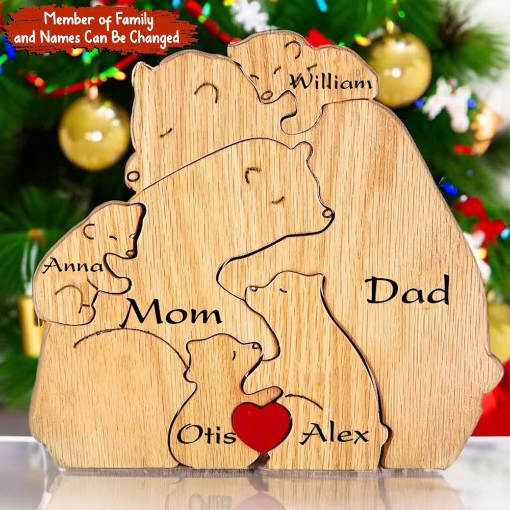 Personalized Bear Family Wooden Puzzle - Puzzle Wooden Bear Family - Wooden Pet Carvings, Gift For Family, Gift For Couple