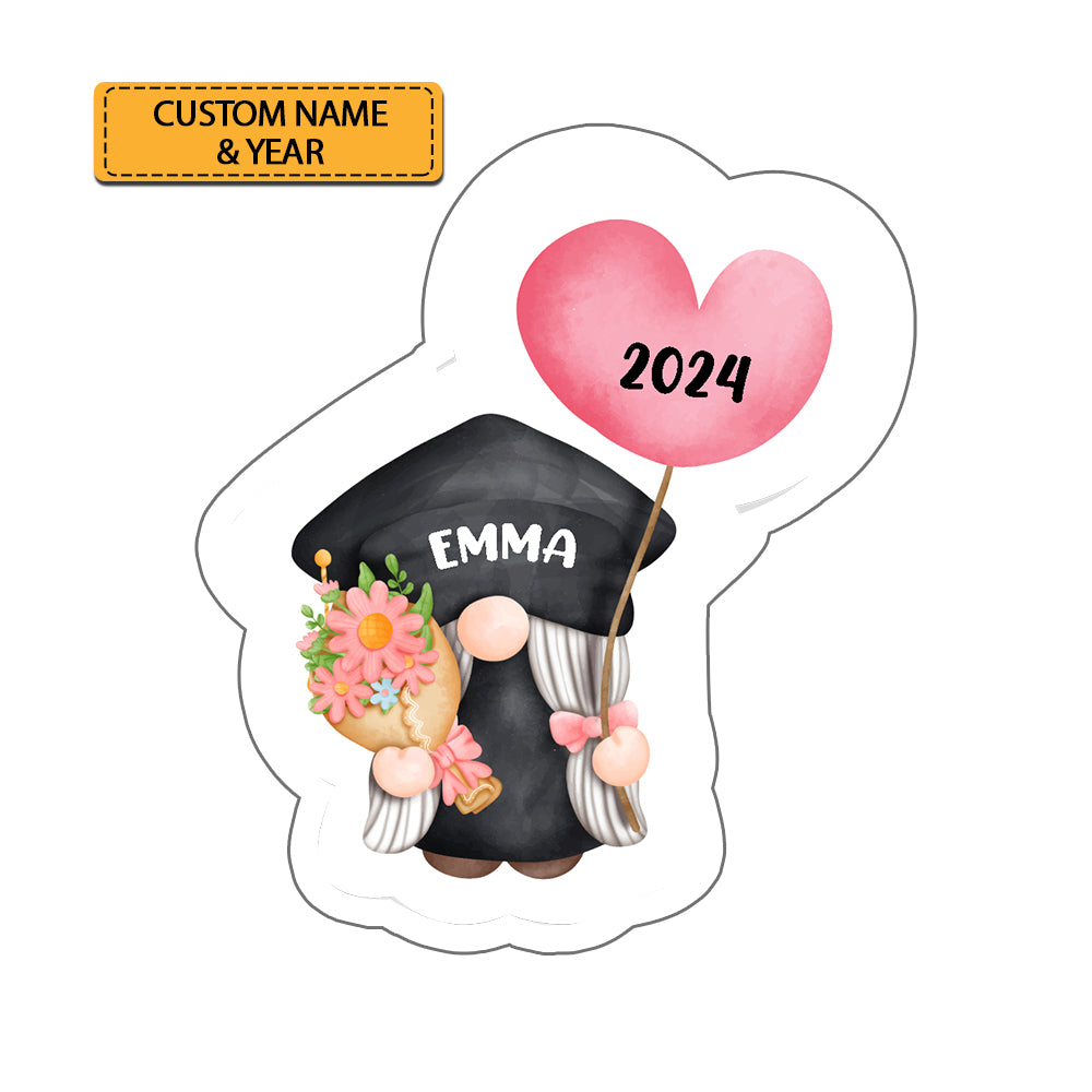Holding Flowers And Balloon Graduation - Custom Name And Year - Personalized Sticker, Gift For Graduation