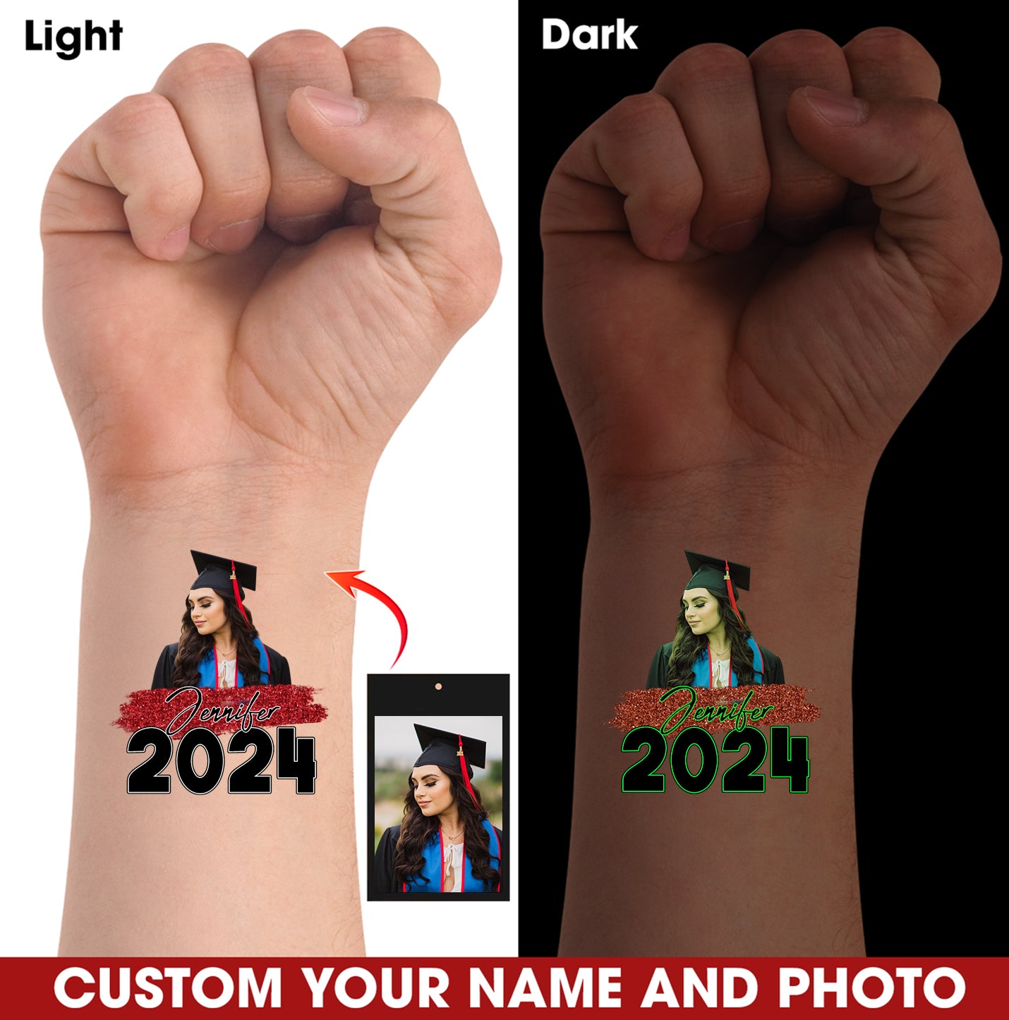 Graduation 2024, Custom Luminous Tattoo With Personalized Quote Color, Photo And Name, Fake Tattoo, Graduation Gift, Night Lighting Tattoo