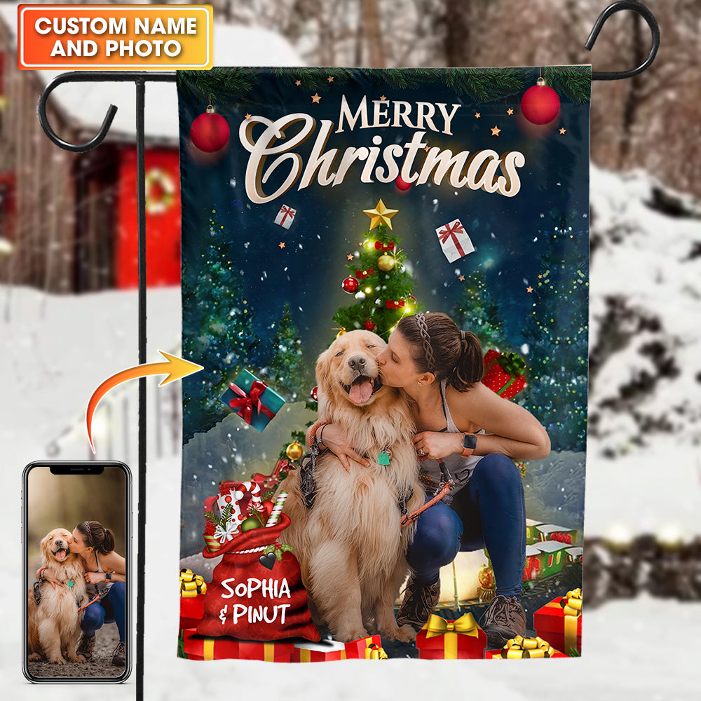 Merry Christmas, Santa Claus US Flag  - Personalized Pet Photo And Name Flag - Gift For Pet Lovers, Christmas Gift