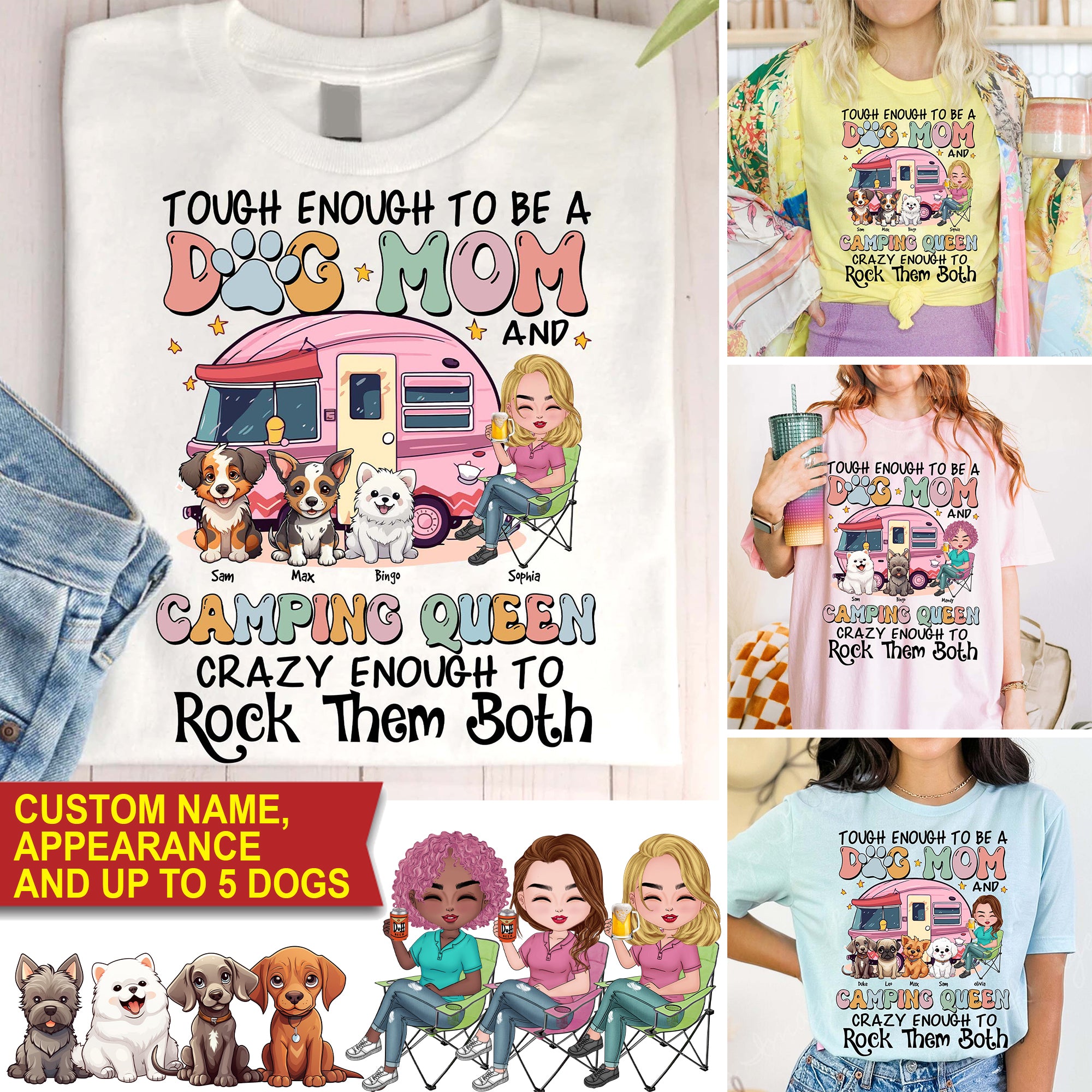 Dog Mom Camping Queen- Custom Appearances And Names - Personalized T-Shirt - Gift For Camping, Gift For Pet Lover