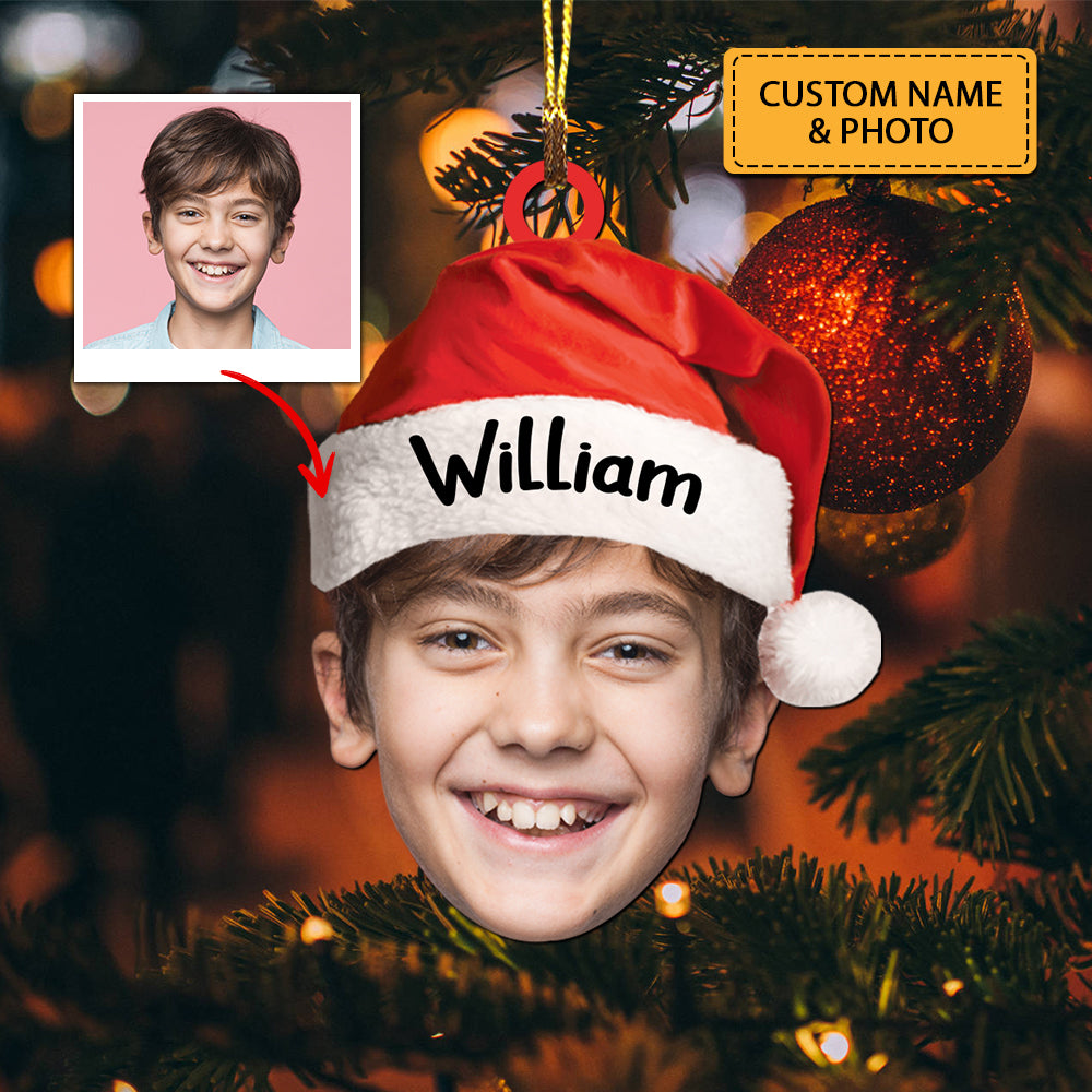 Christmas Hat - Christmas Gift For Family, Custom Photo And Name - Personalized Acrylic Ornament