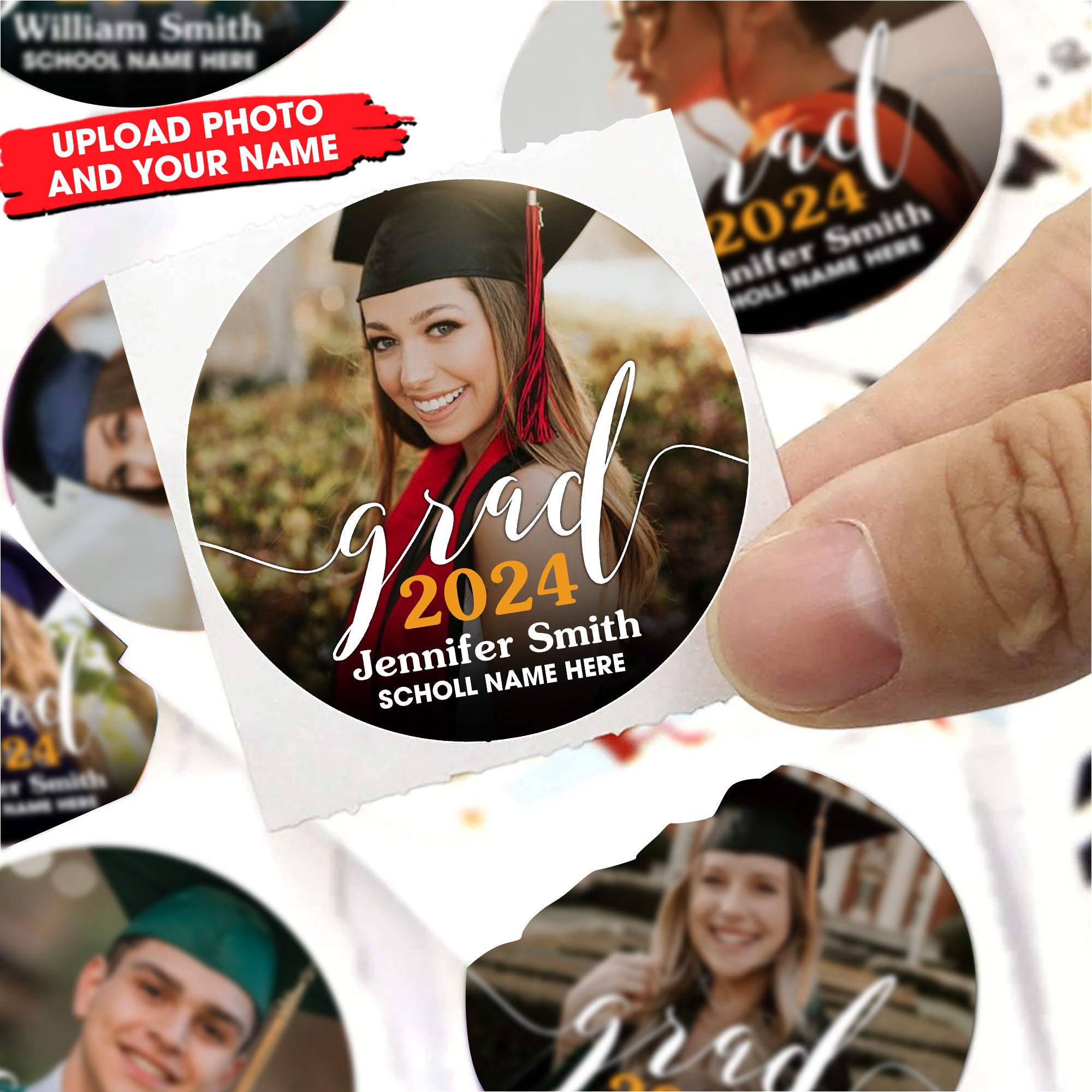 Grad 2024 Graduation Circle Stickers - Custom Photo And Text - Personalized Circle Sticker, Gift For Graduation
