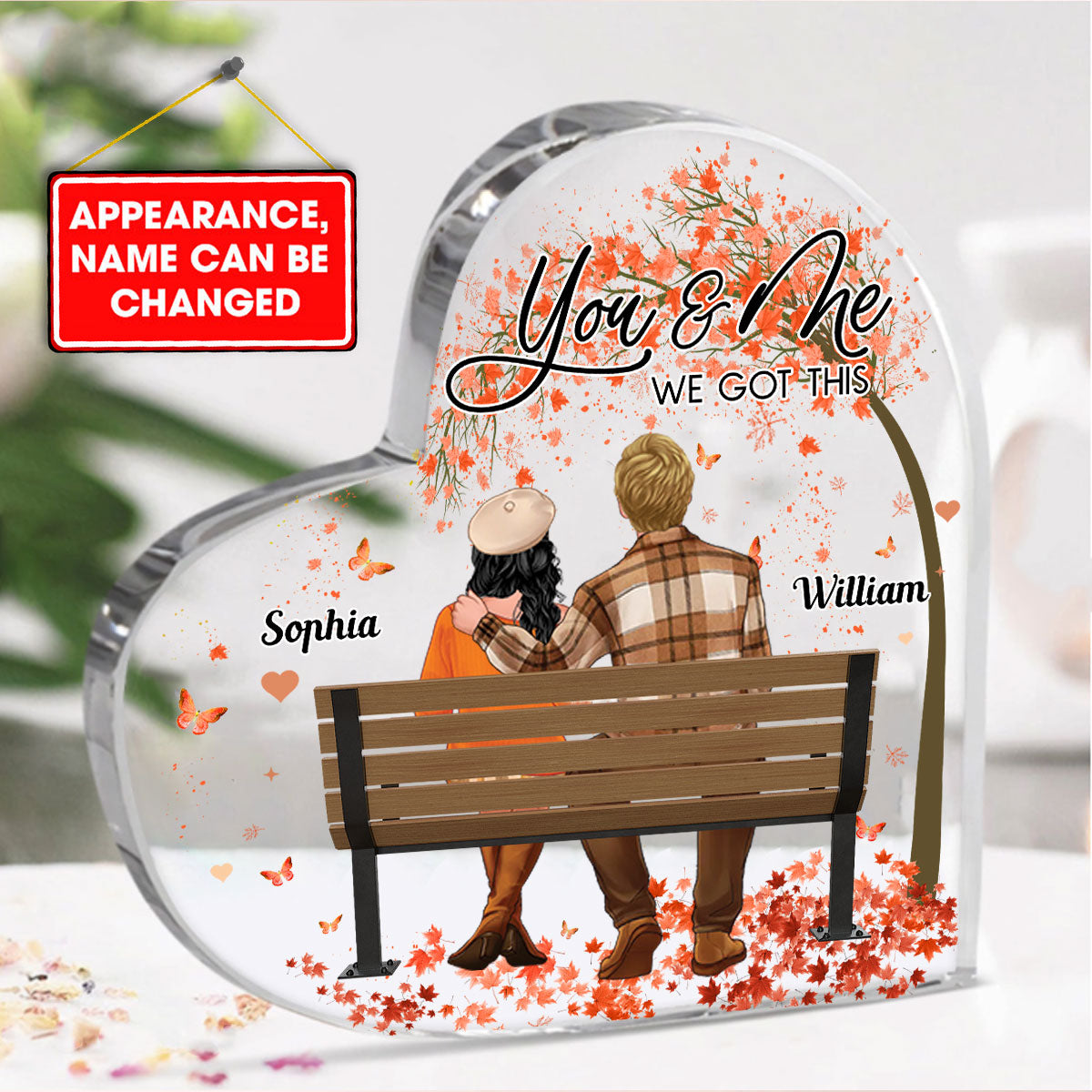 You And Me We Got This, Back View Couple Sitting - Custom Appearance  And Name - Personalized Heart Shaped Acrylic Plaque - Gift For Couple, Family