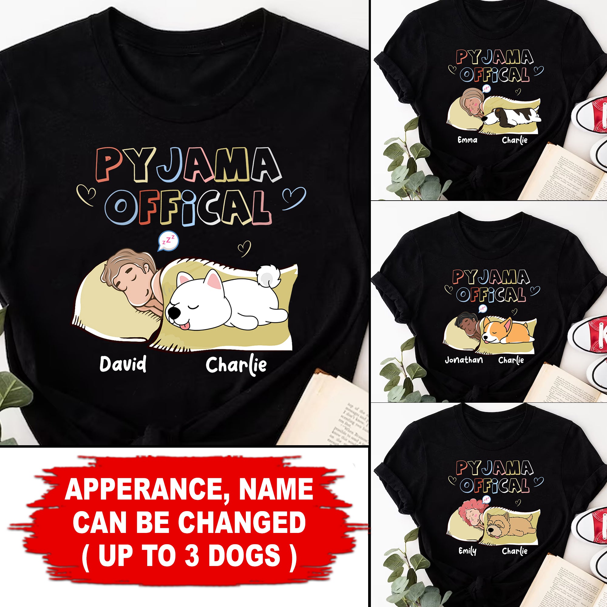 Pyjama Official  - Custom Appearances & Names - Personalized T-Shirt - Family Gift, Pet Lover Gift