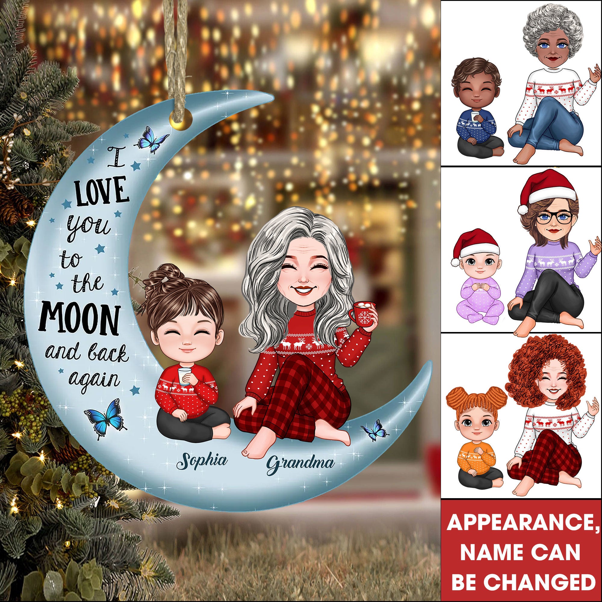 I Love You To The Moon And Back Again, Christmas Gift For Mom, Grandma, Custom Appearances And Names - Personalized Acrylic Ornament - Gift For Christmas, Family Gift